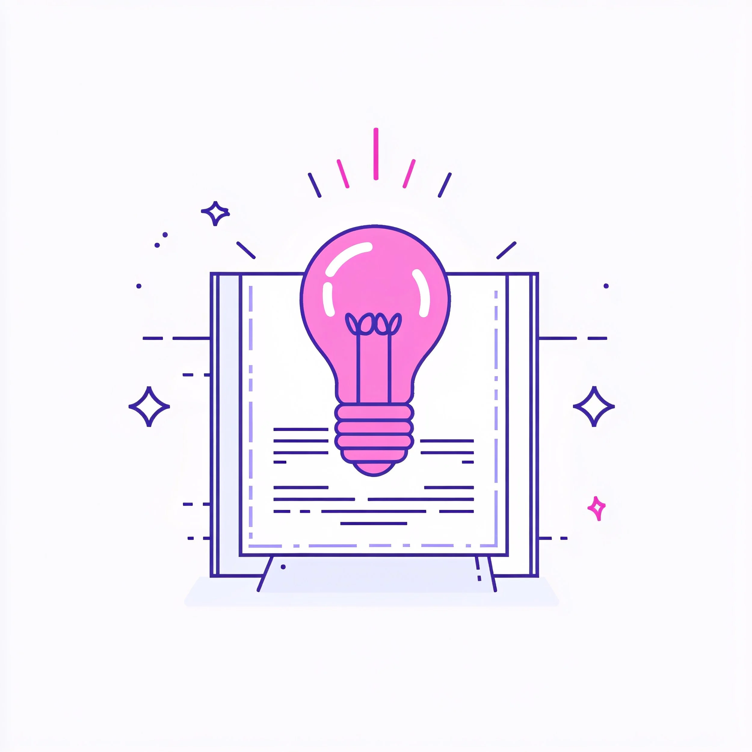 Illustration of a pink light bulb emerging from an open book with stars and lines.