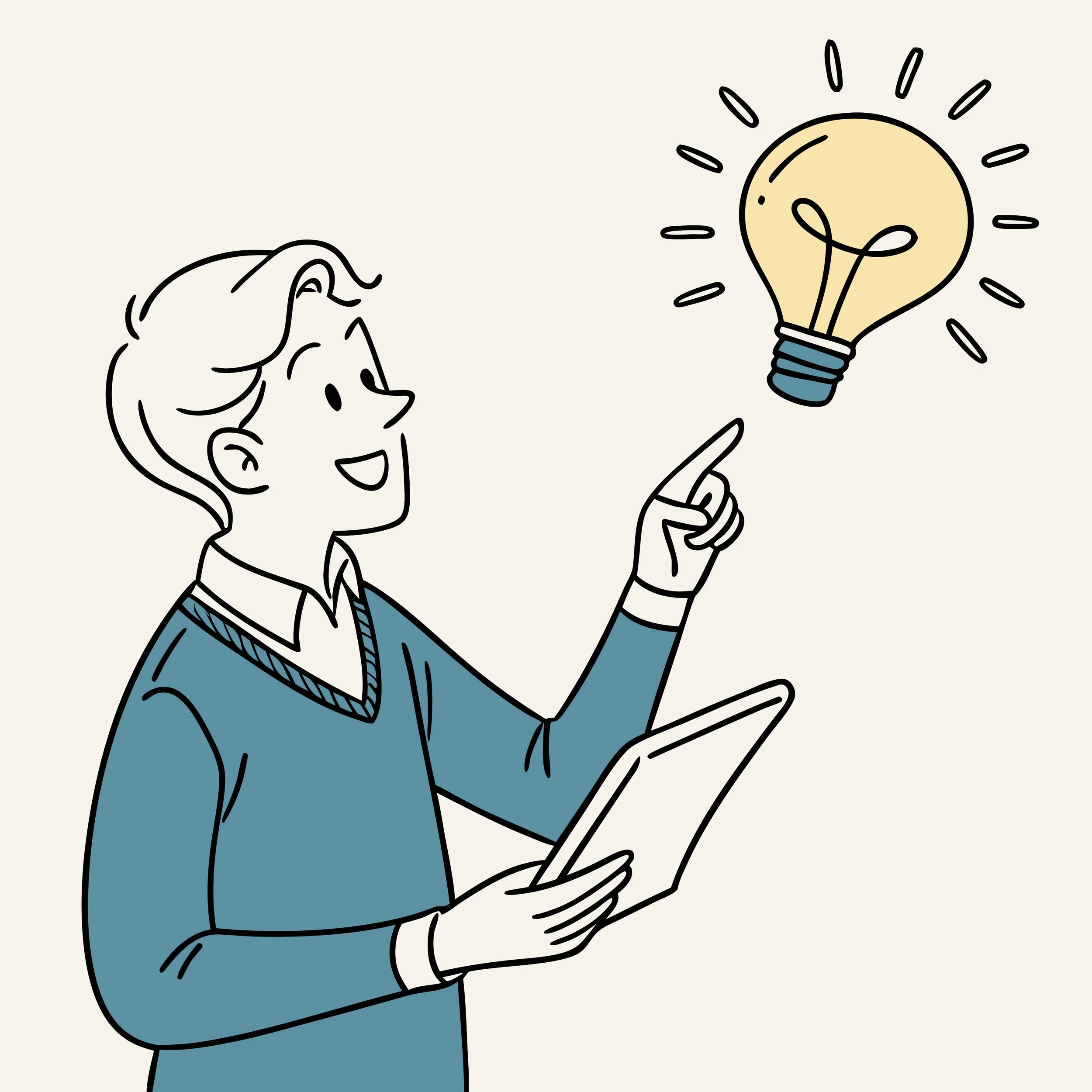 A cartoon man holding a tablet, smiling, and pointing at a glowing lightbulb above his finger.