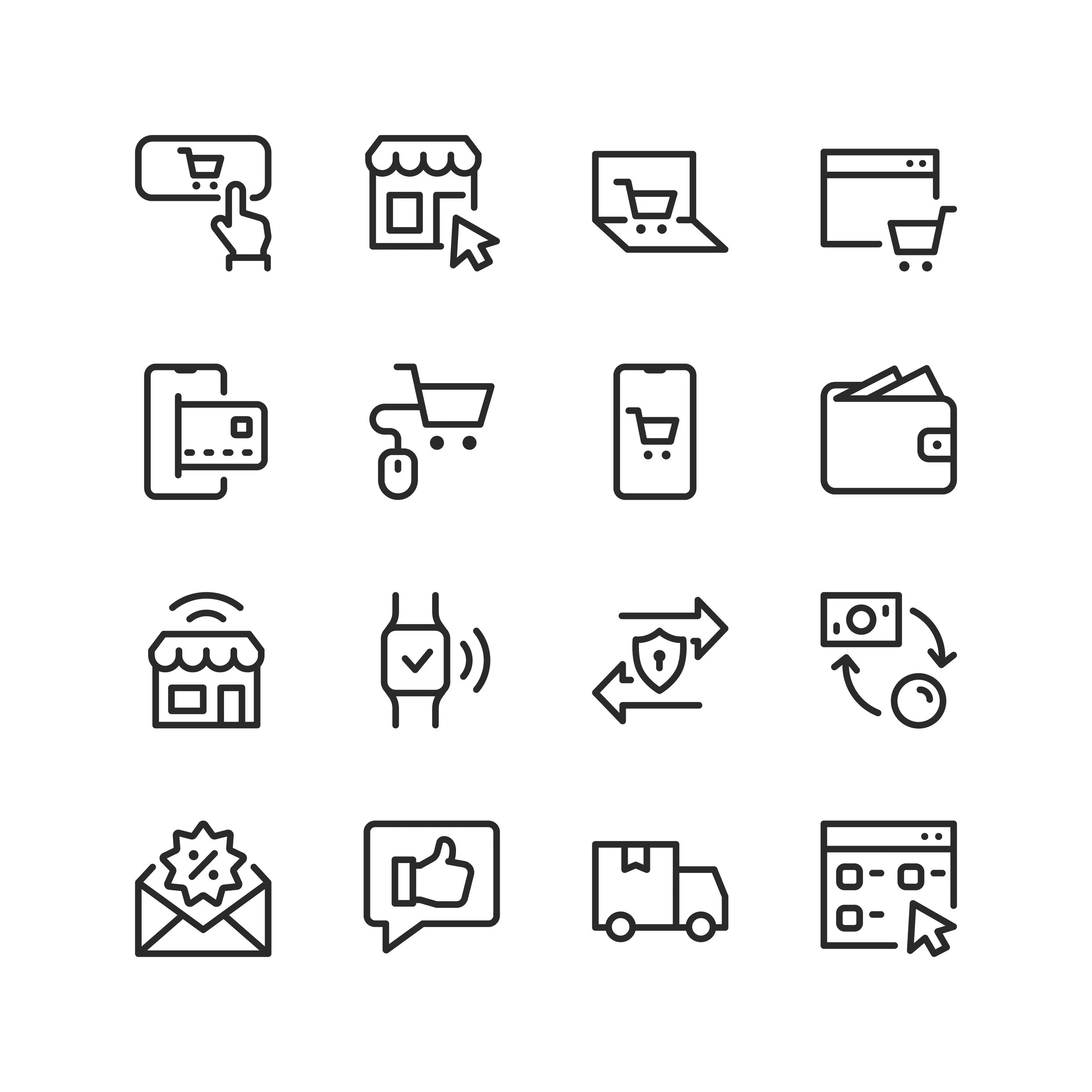 Collection of black and white e-commerce related icons, including shopping carts, storefronts, online pages, credit cards, wallets, mobile phones, smartwatch, delivery truck, discount email, thumbs up, and payment process.