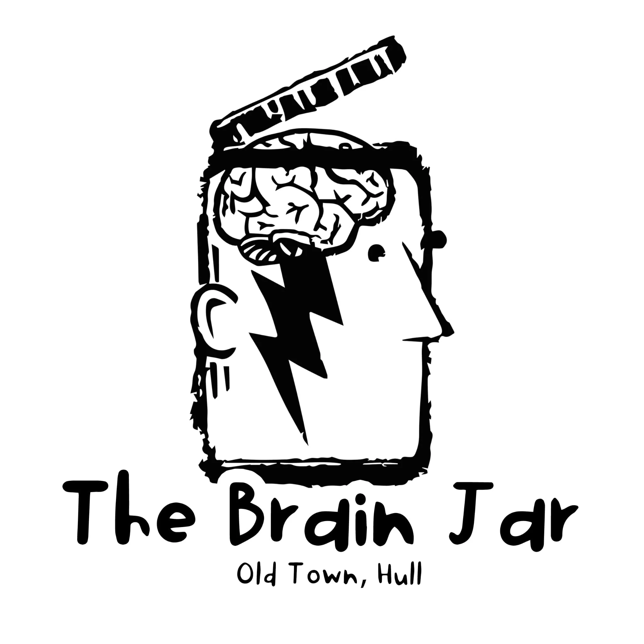 A logo for The Brain Jar, a business in Old Town, Hull. It features a side profile of a human head with a brain inside a jar, with a lid opening. Two lightning bolts are inside the jar, representing energy or ideas. The text reads 'The Brain Jar' wit