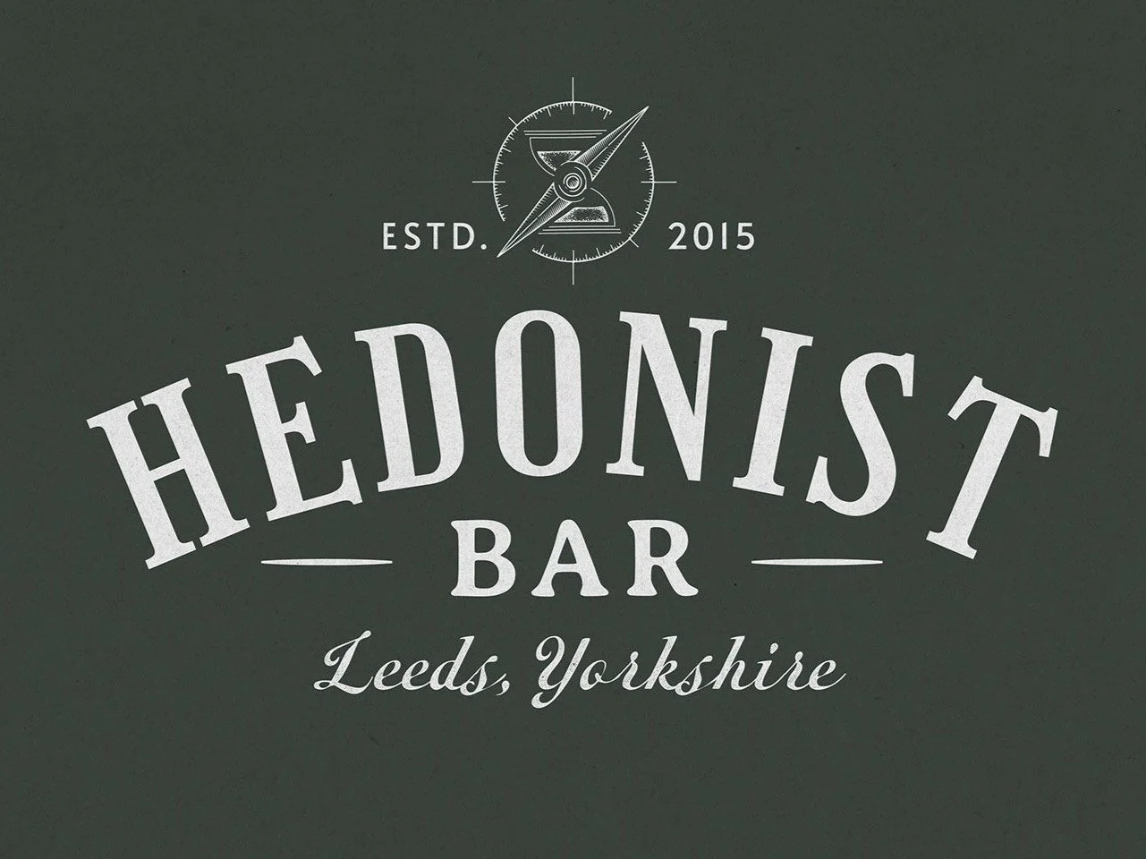 Logo for Hedonist Bar in Leeds, Yorkshire, established in 2015, featuring a compass with a martini glass.