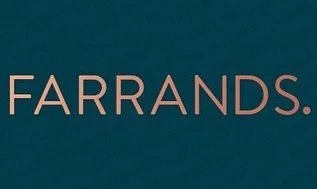 Farrands logo in beige text on a dark teal background.