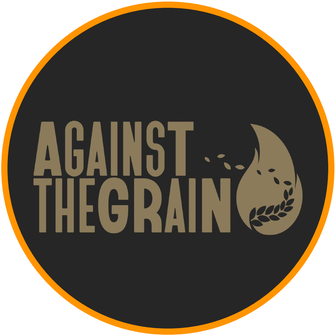 Logo with the text 'Against the Grain' and an illustration of a moon and wheat stalks.