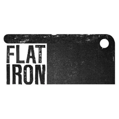 Black and white logo with the words 'FLAT IRON' and an illustration of a flat iron appliance.