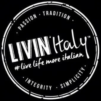 Black circular logo with white text that reads "LIVIN' Italy" in the center, surrounded by the phrases "Passion, Tradition, Integrity, Simplicity" and the hashtag "#live life more italian".