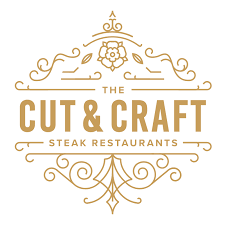 Logo for The Cut & Craft Steak Restaurants with decorative gold design elements.