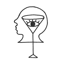 Line drawing of a human profile with a triangle-shaped head, containing an eye, and a cherry stem attached at the bottom.
