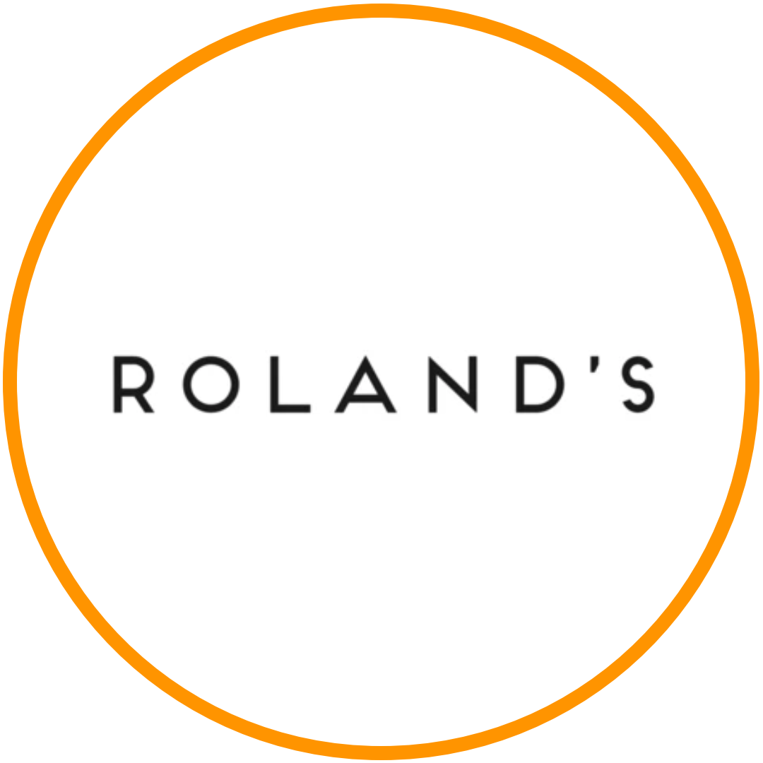 Logo with text 'Roland's' in black letters on a white background, bordered by an orange circle.