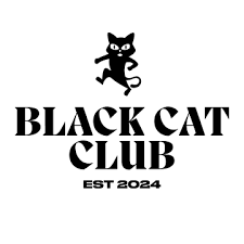 A black cartoon cat above the text 'Black Cat Club EST 2024' in bold black letters.