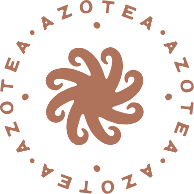 Black circular logo with a stylized octopus in the center and the text 'AZOTEA AZOTEA AZOTEA' repeated around the circle in brown letters.