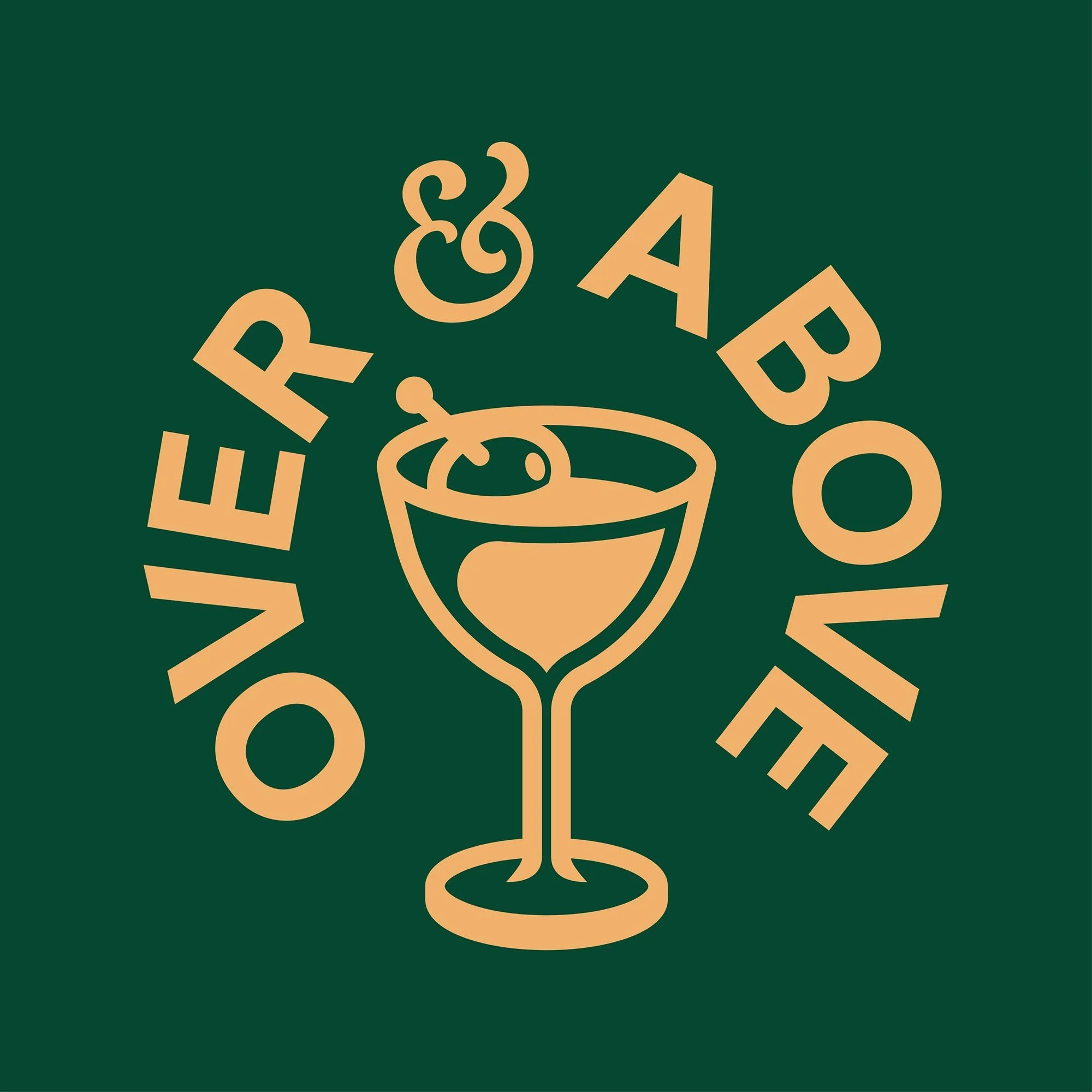 Logo with a cocktail glass containing an olive and a cherry, encircled by the text "Overboard" on a dark green background.