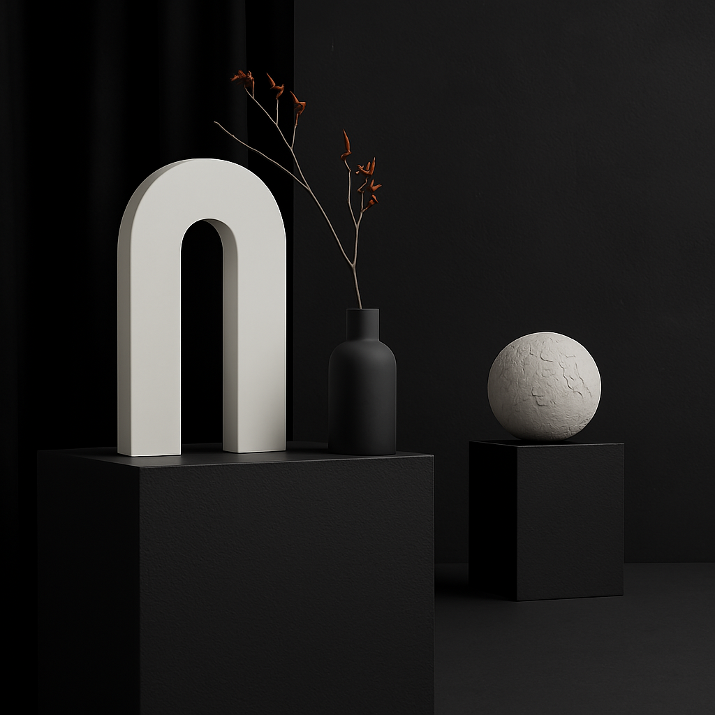 A minimalist still life featuring a white arch sculpture, a black vase with dry orange branches, and a textured white sphere on black pedestals against a dark background.