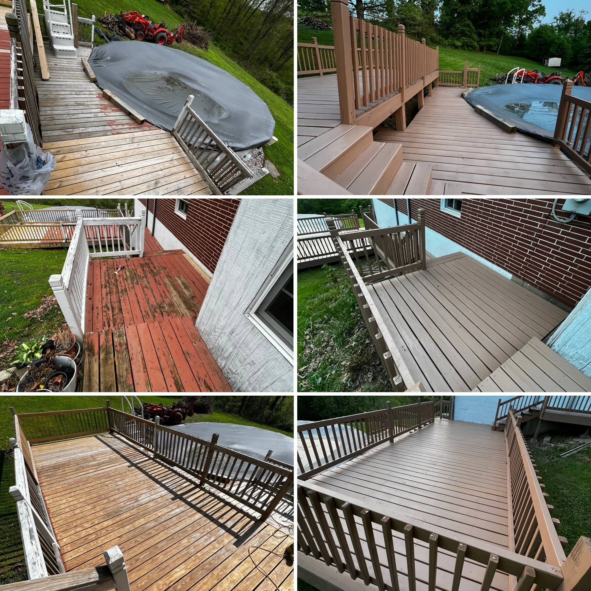 Progression of deck renovation: before, partially painted, and fully painted wooden deck with safety railing amid a grassy yard.