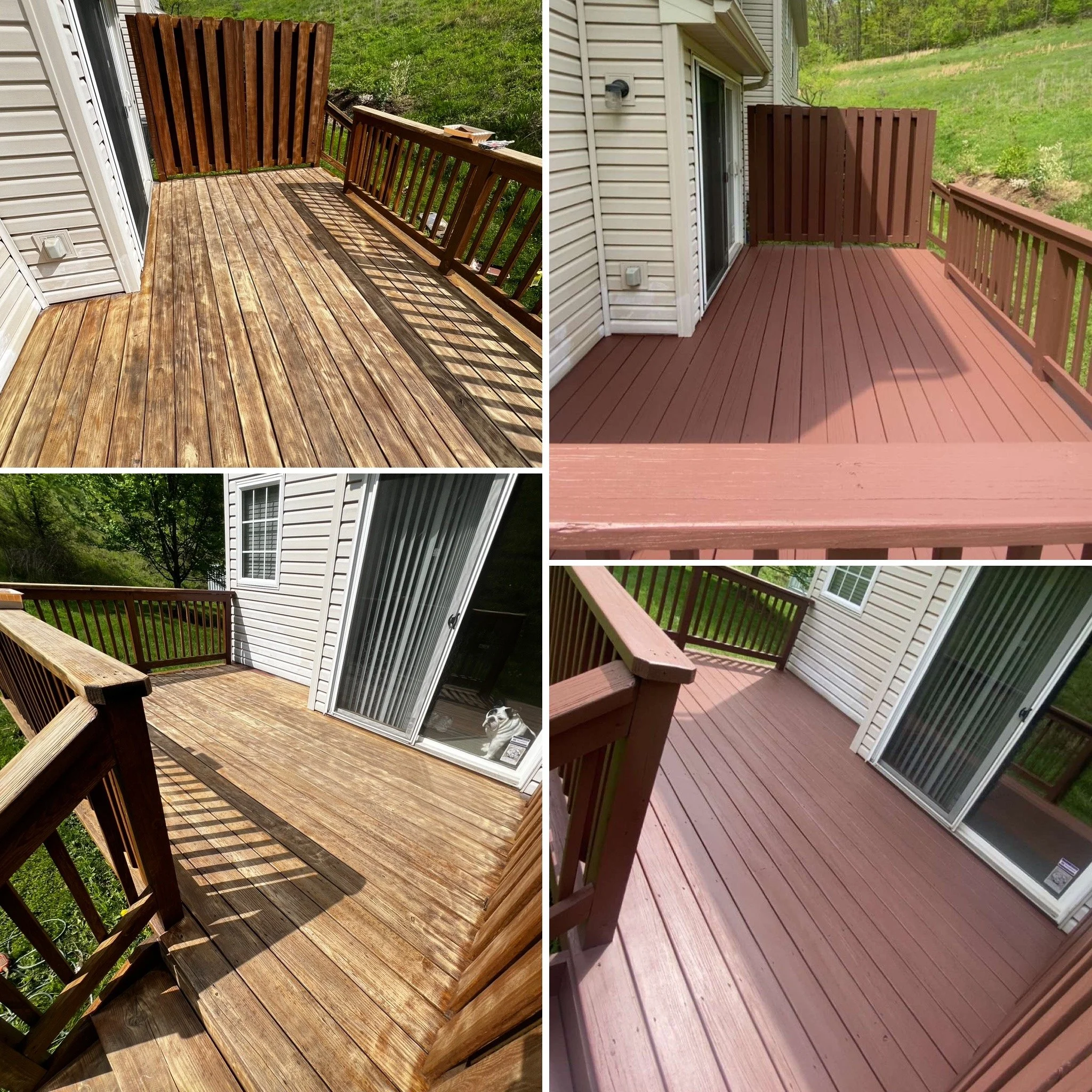 Two similar outdoor wooden decks attached to a house, one before and one after staining, showing difference in color and finish.