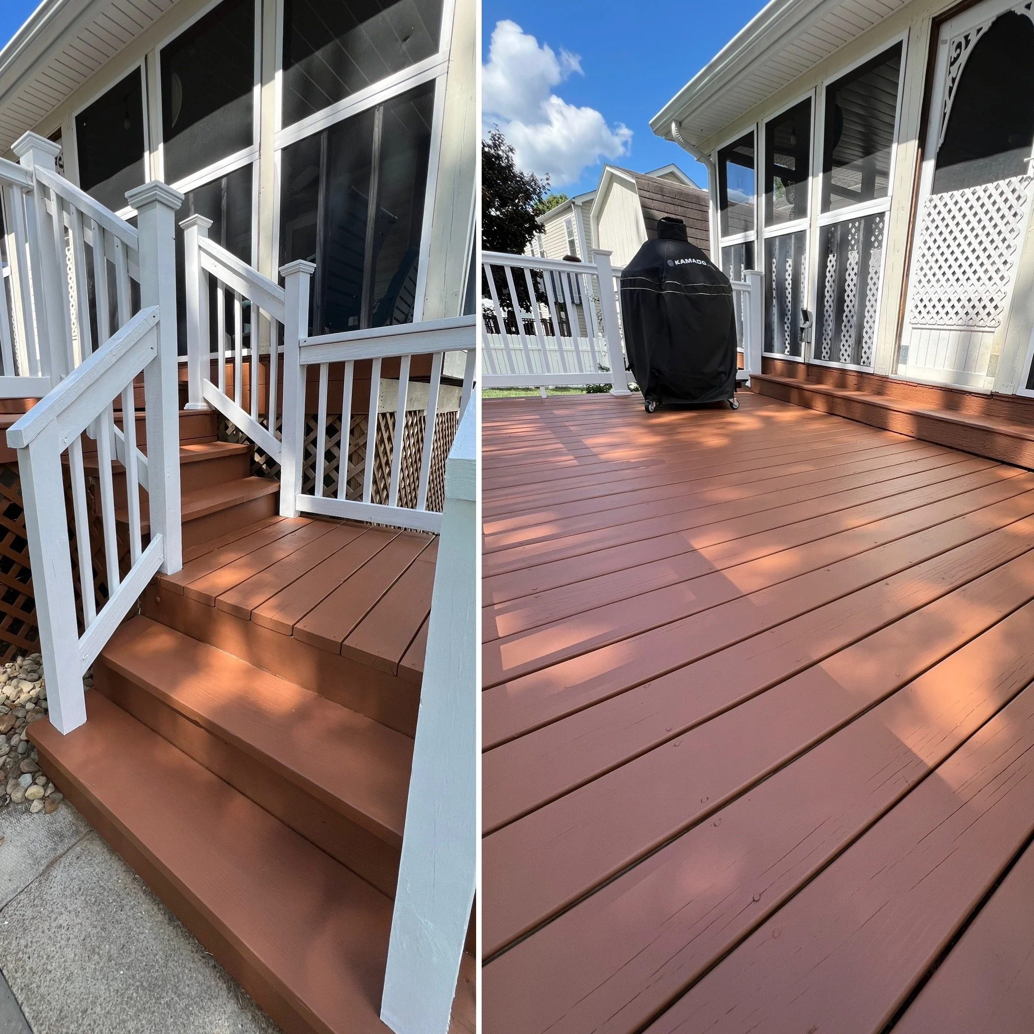 A house with a screened porch, white deck railing, brown wooden steps, a covered area with lattice, and a grill covered with a black cover, under a partly cloudy blue sky.