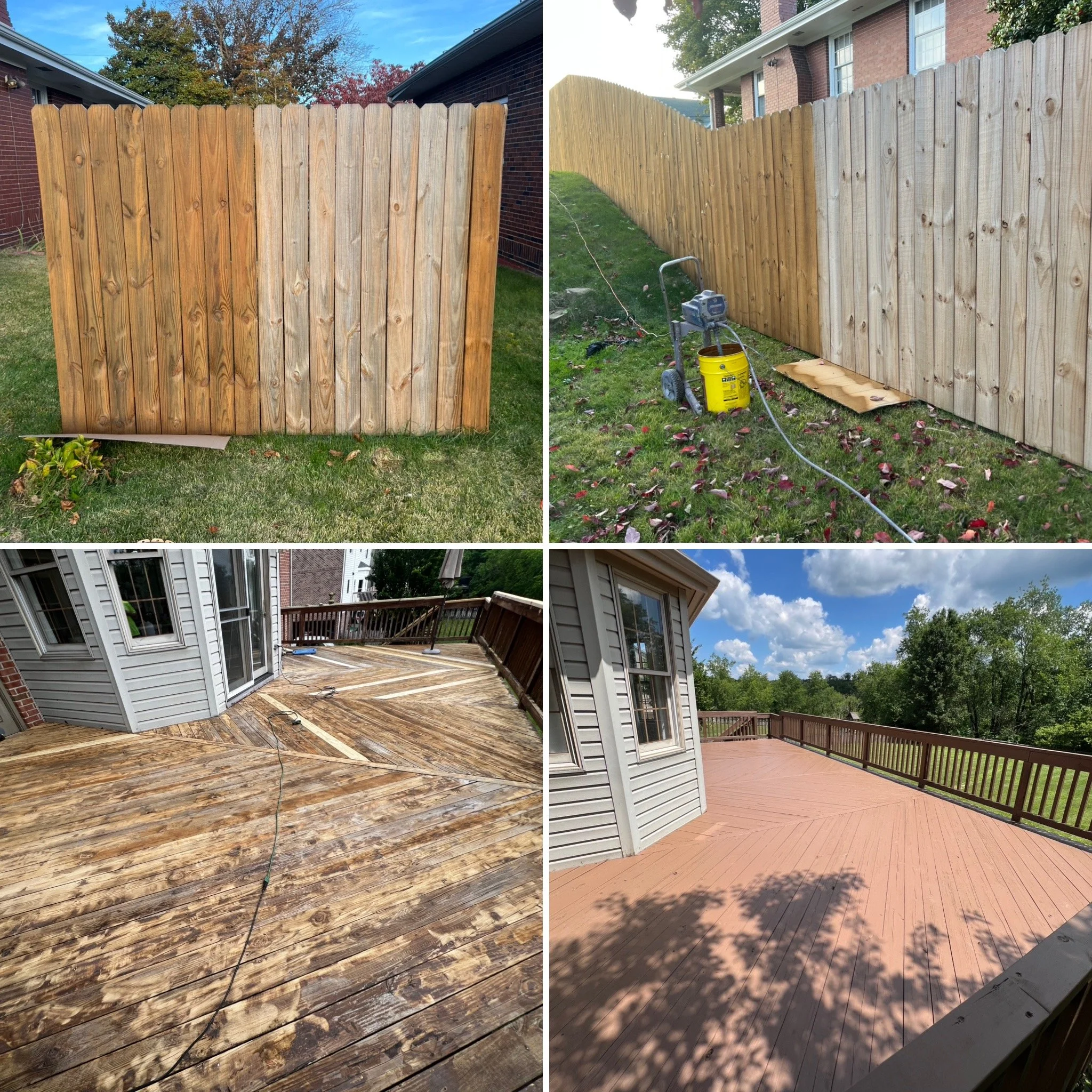 Comparison of a wooden fence before and after staining or sealing, with the left showing a darker, treated finish and the right showing a lighter, untreated surface.