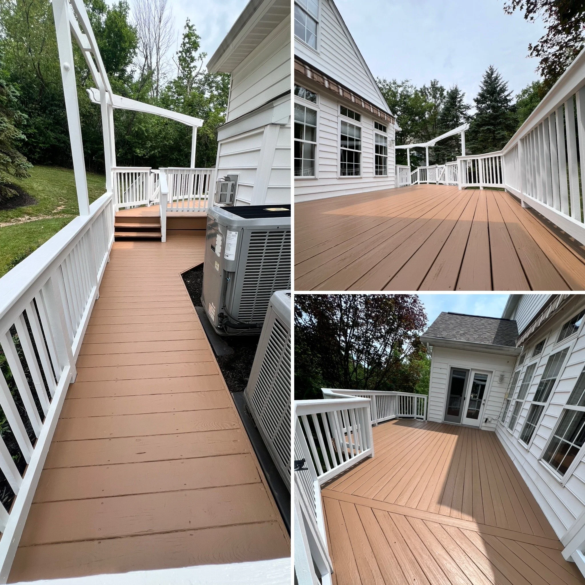 Side-by-side photos of a house's outdoor deck before and after cleaning and refinishing. The left photo shows a deck with aged, weathered wood and a white railing, while the right photo shows the same deck with cleaned, stained wood and fresh white p