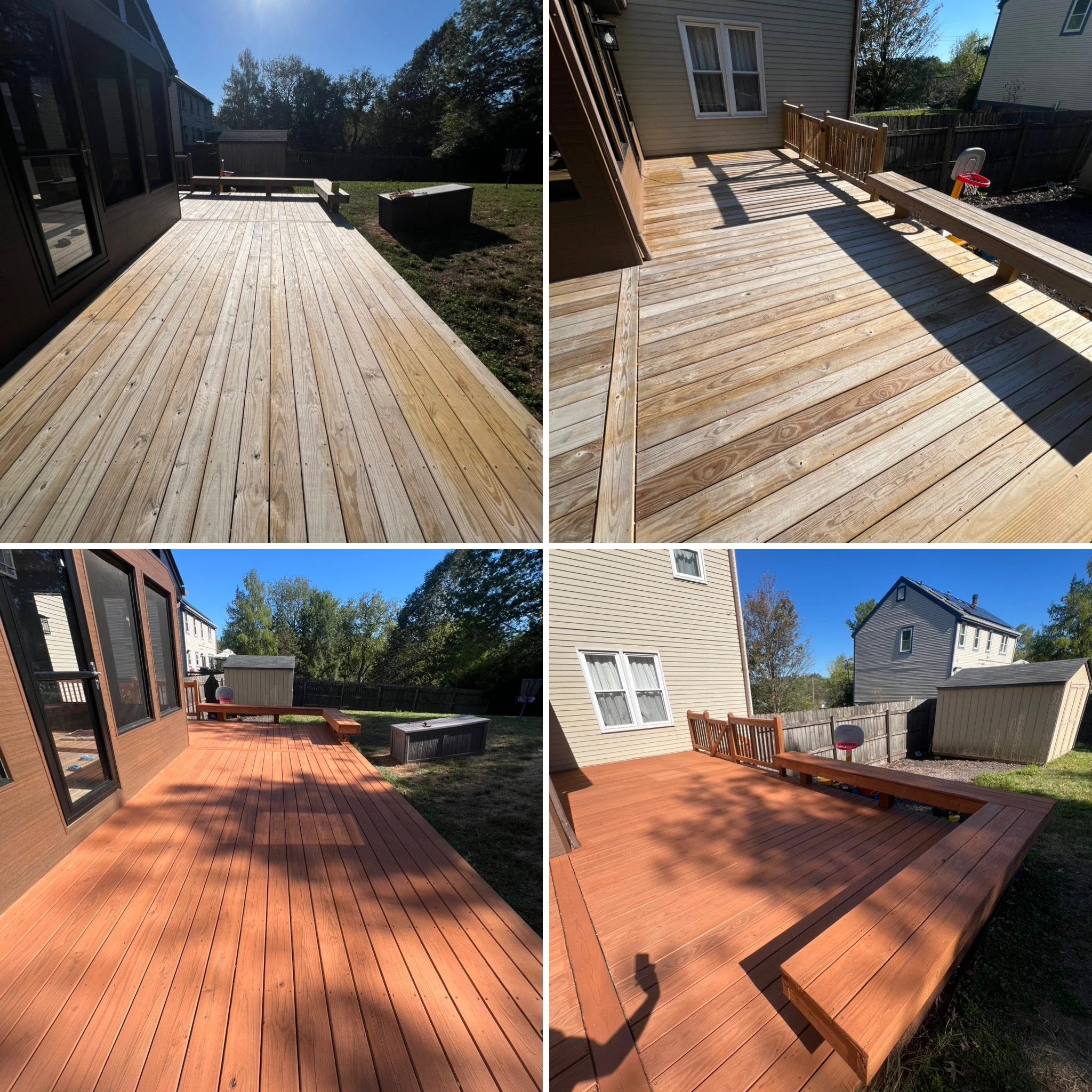 Side-by-side photos of a backyard wooden deck, showing the same deck from different angles with neighboring houses, trees, and sky in the background, sunlight casting shadows.