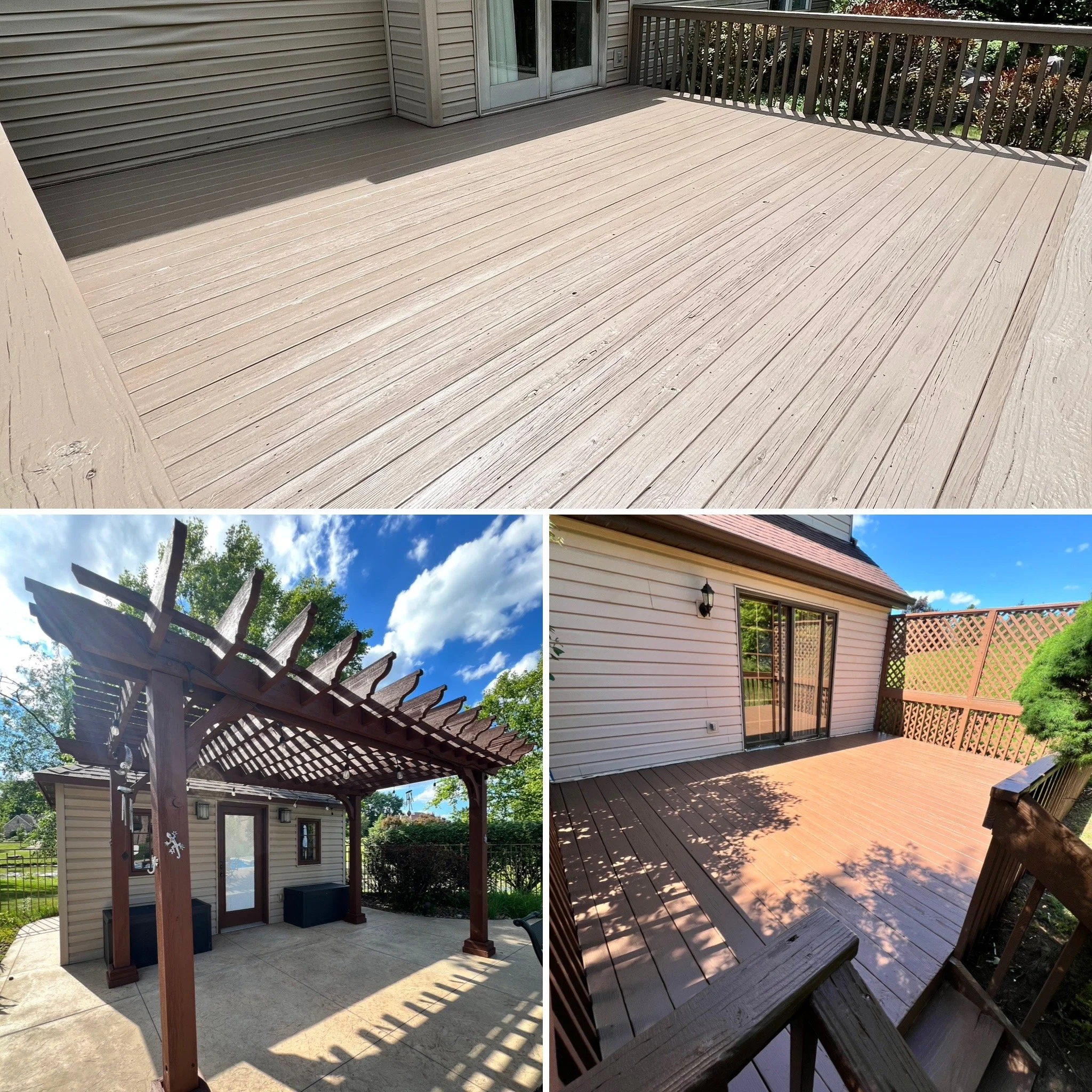 A collage of four images showing a backyard with a wooden deck, a patio with a pergola, and the exterior of a house with a sliding glass door and window. The sky is partly cloudy with some visible trees.