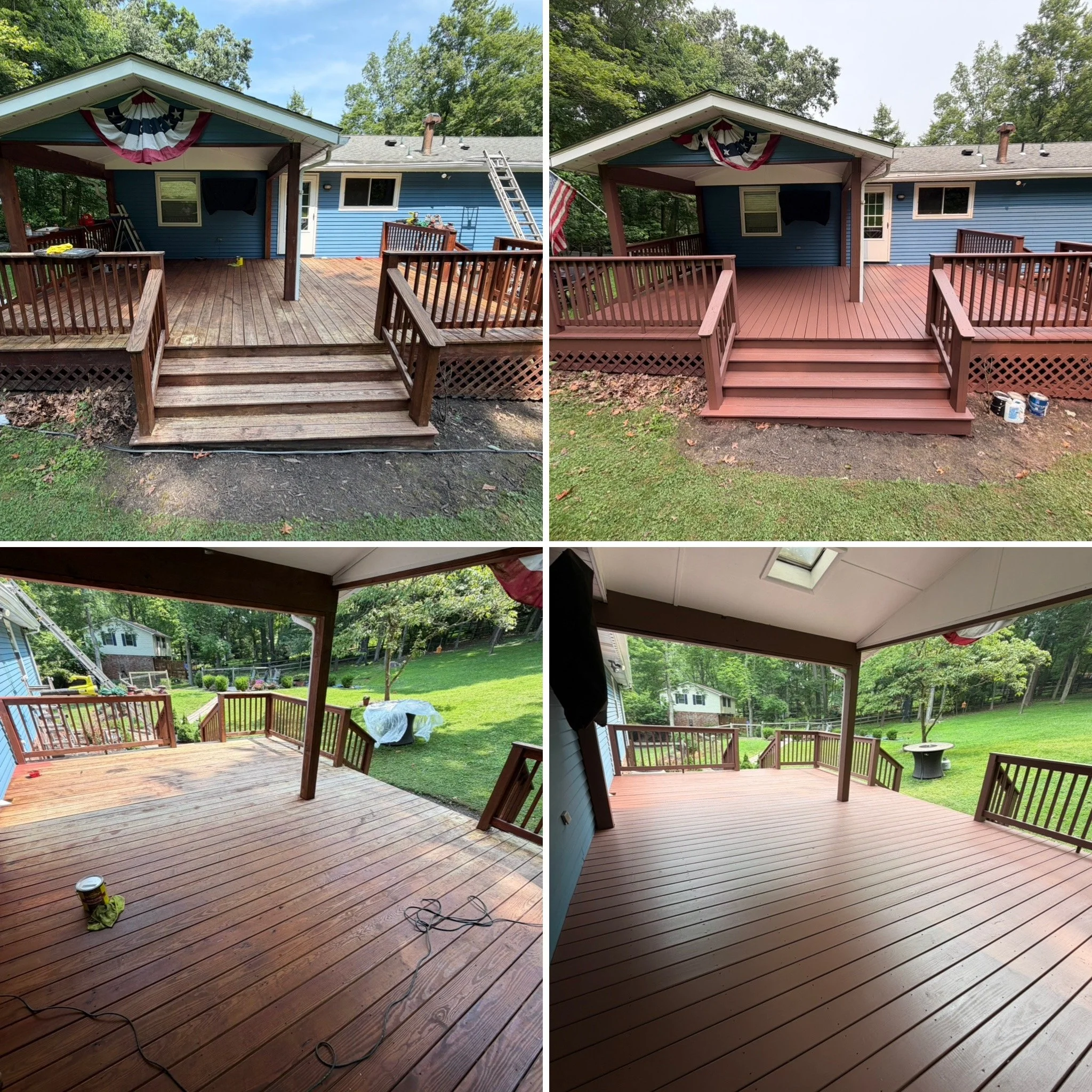 Side-by-side photos showing a wooden deck before and after cleaning or refinishing, with the deck in sunlight amidst green trees, and various household items on the deck.