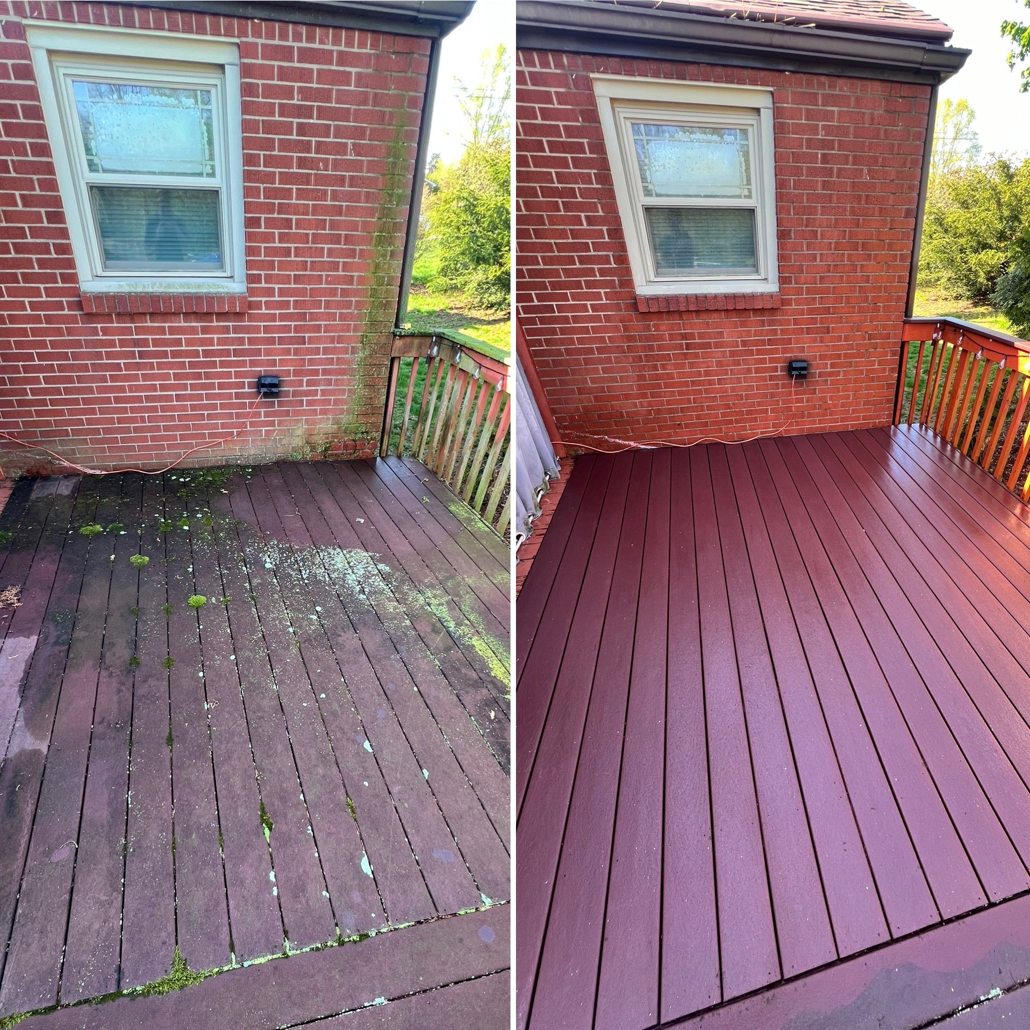 Comparison of a dirty, moss-covered wooden deck with a clean, well-maintained wooden deck. The left side shows a deck with moss and dirt buildup, while the right side shows a freshly cleaned deck.