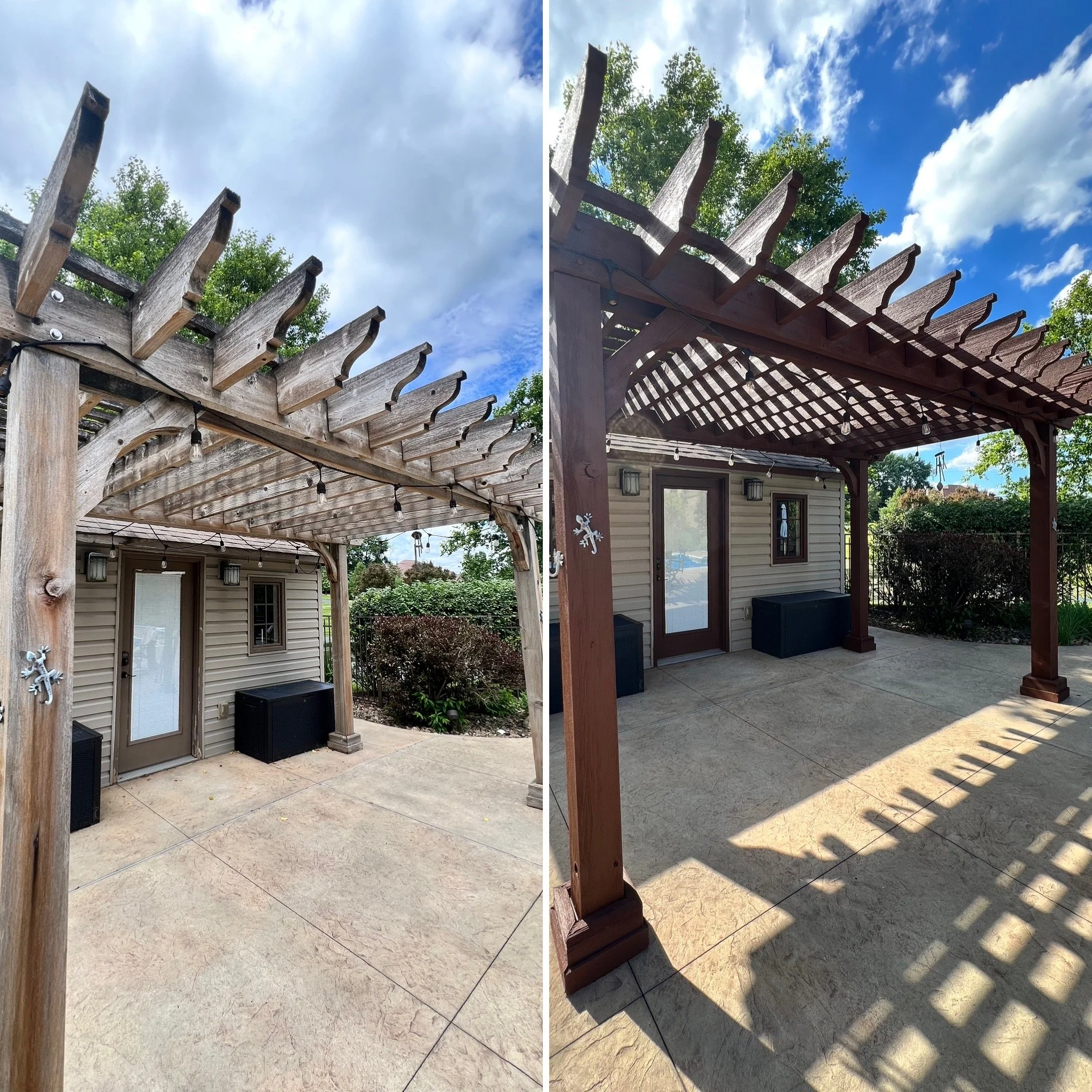 Comparison of two wooden pergola structures outdoors with trees and houses in the background under partly cloudy skies.