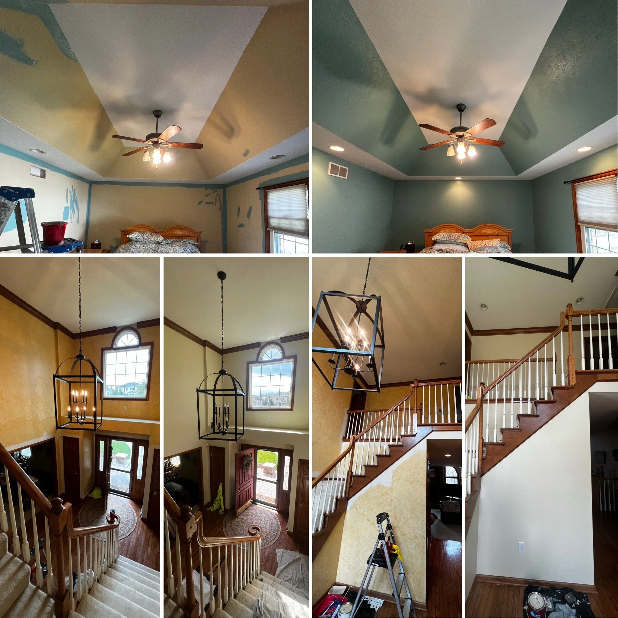 Before and after images of a ceiling renovation. The first shows a ceiling with an unpainted, uneven surface and a ceiling fan with lights in the center, with construction tools and ladders visible. The second shows the same ceiling painted teal, wit