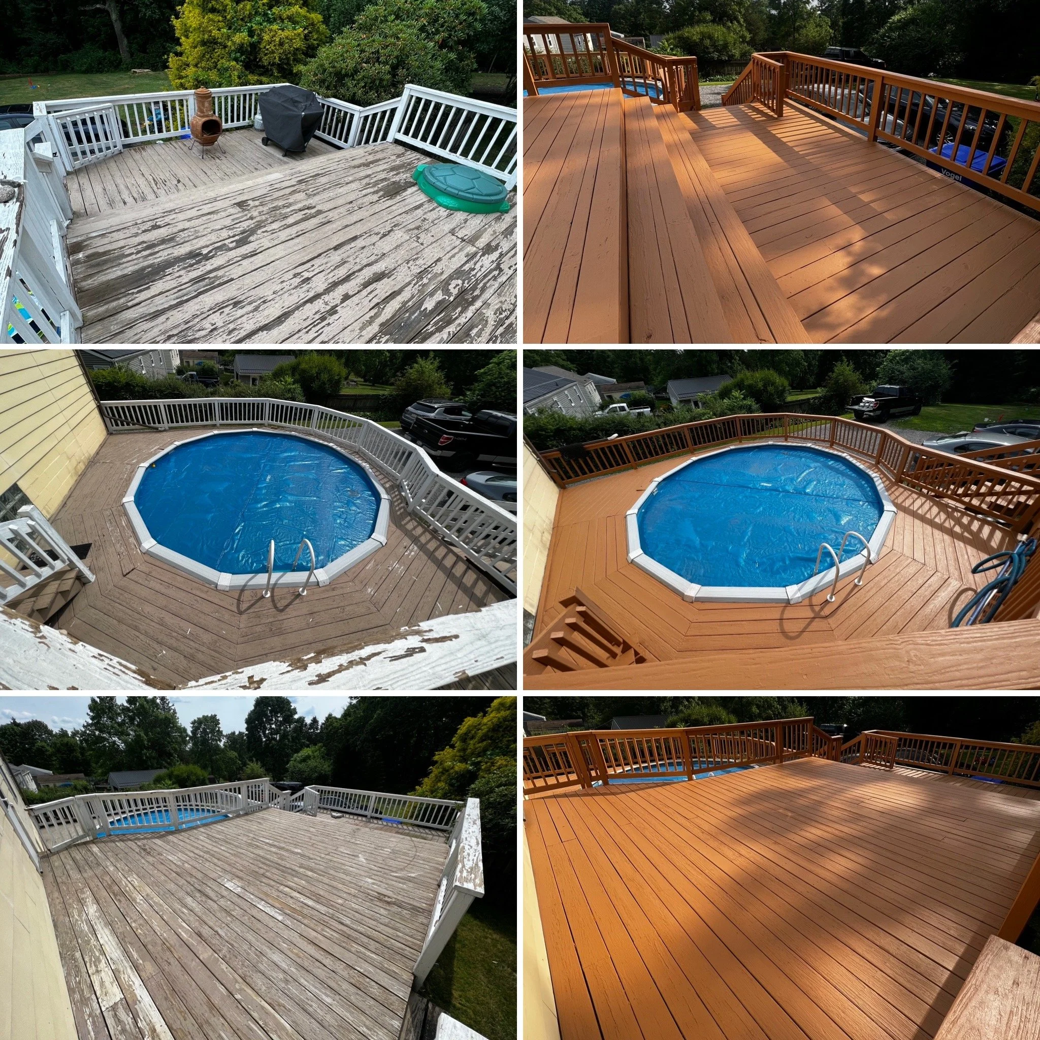 Comparison of a weathered wooden deck and a newly renovated wooden deck, showing the before and after transformation.