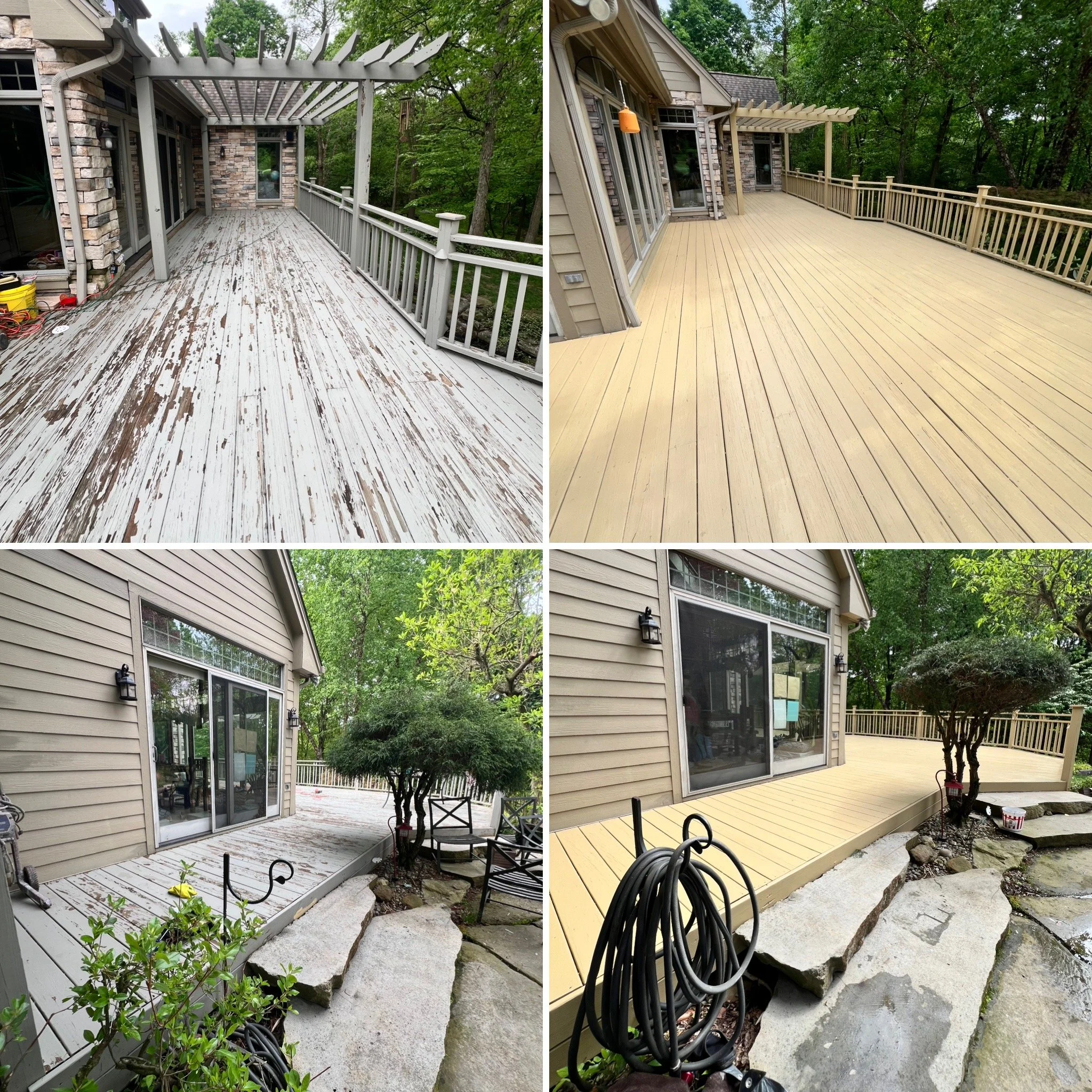 Comparison of two different decks outside of a house, showing the before and after transformation with new wooden flooring and railings.