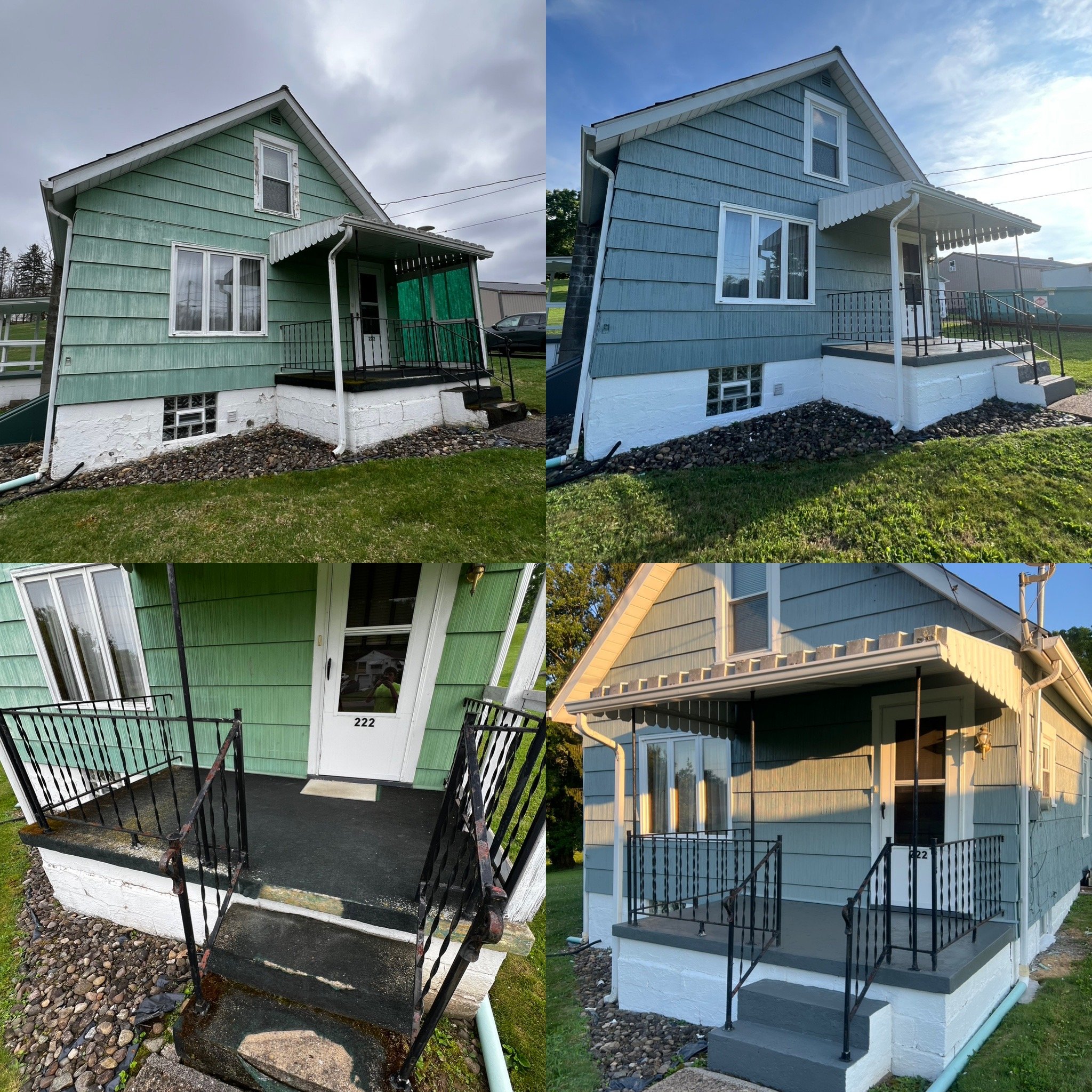 Side-by-side comparison of a house before and after cleaning or renovation. The house has light blue siding, a small porch with stairs and a black railing, and a grassy yard. The left image shows the house with dirty and weathered siding, while the r