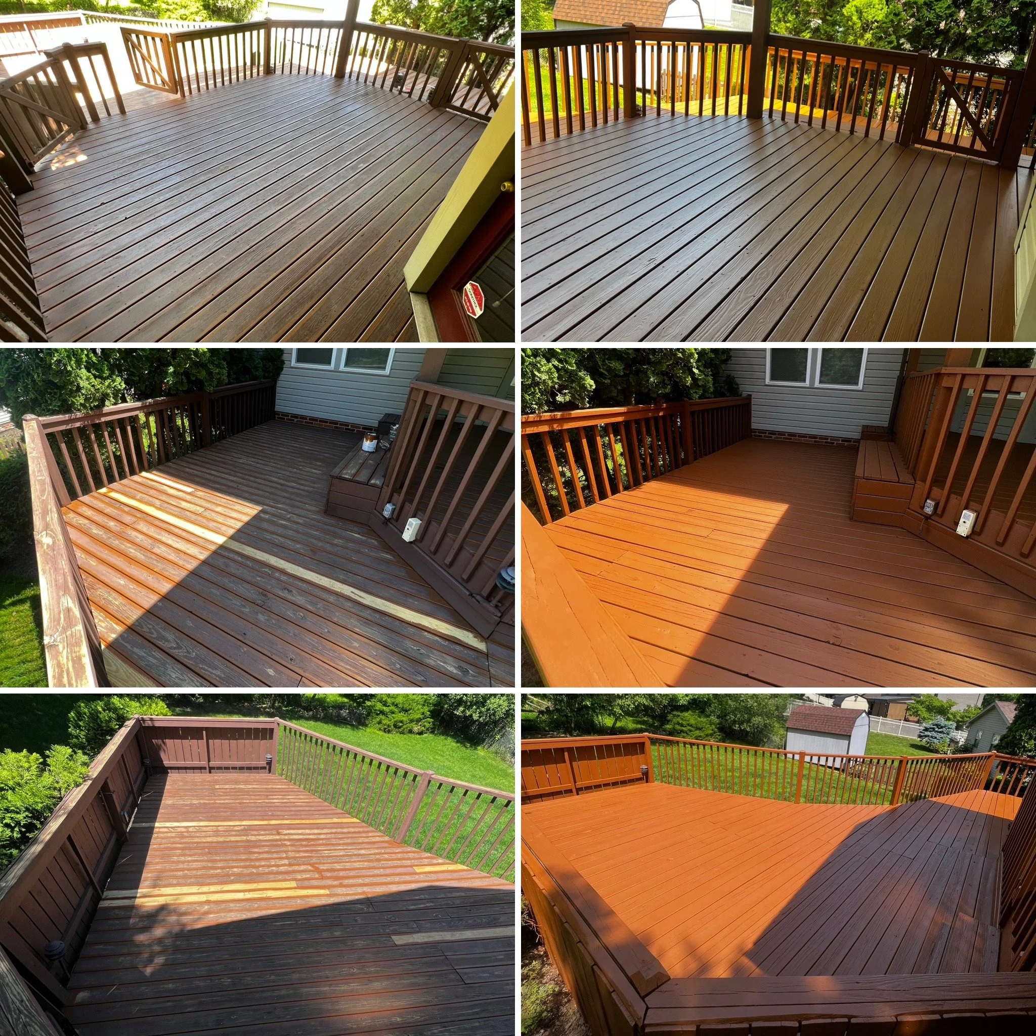 Comparison of before and after images of a wooden deck. The left images show the deck before cleaning or staining, appearing darker and weathered, while the right images show the deck after cleaning or staining, appearing lighter and freshly finished