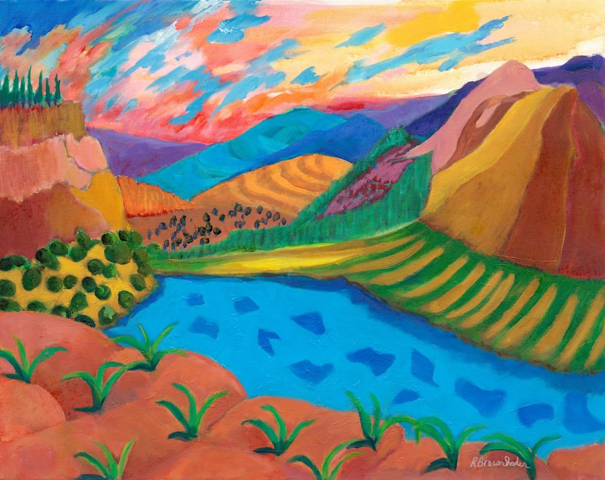Sweetwater, acrylic landscape painting on canvas by Roberta Shader with vibrant stylized terrain and winding blue river