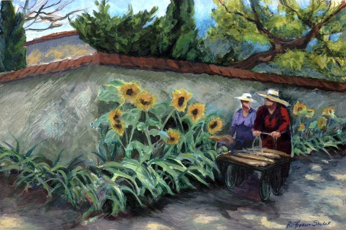The Ladies, mixed media painting on paper by Roberta Shader depicting two women with sunflowers in French countryside