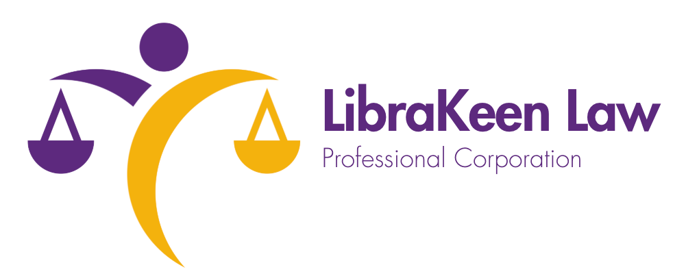 Logo for LibraKeen Law featuring a stylized figure with scales of justice in purple and gold, and the text 'LibraKeen Law Professional Corporation'.