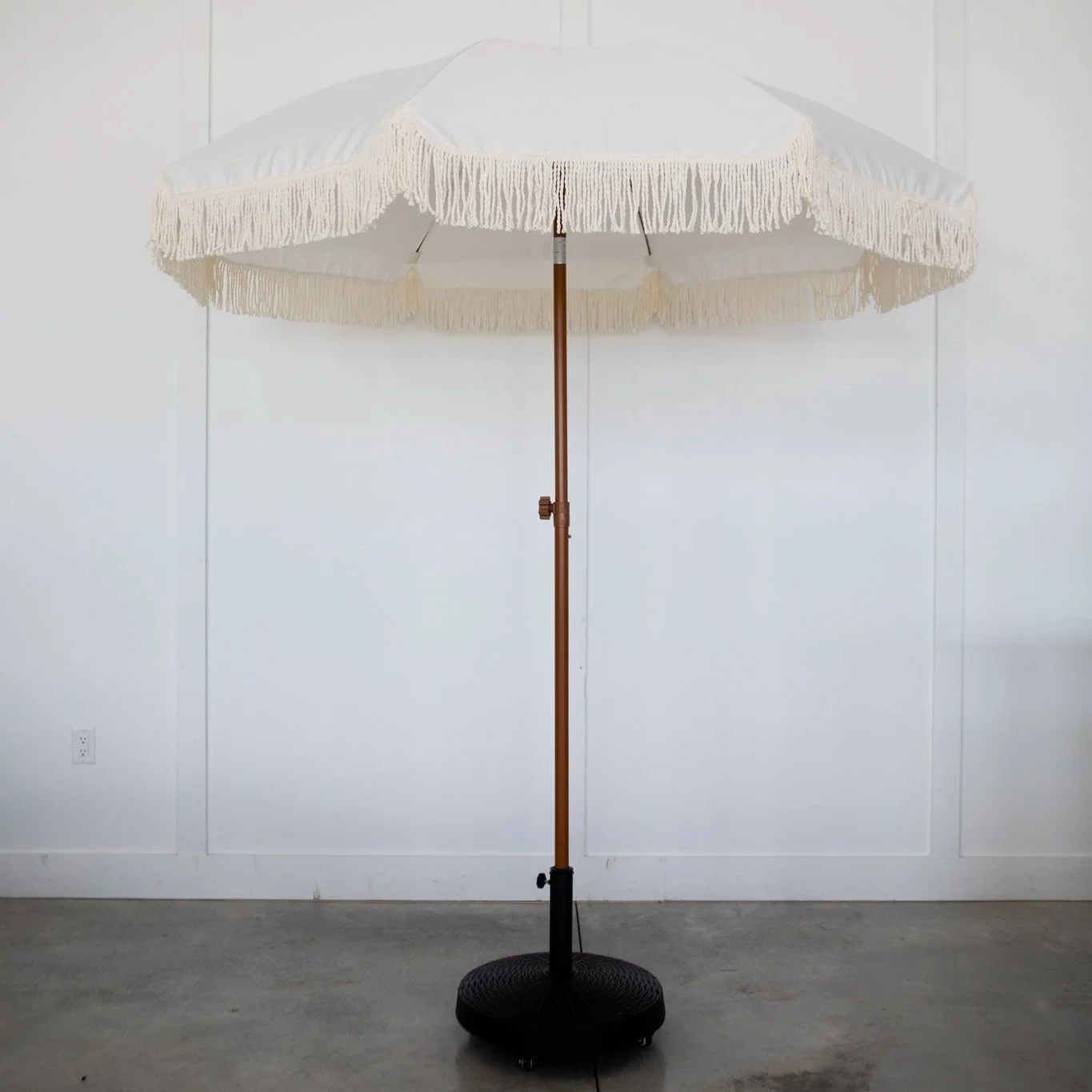 cream fringe patio umbrella Cream Fringe Outdoor Umbrella with stand — Side Barr Party Rentals