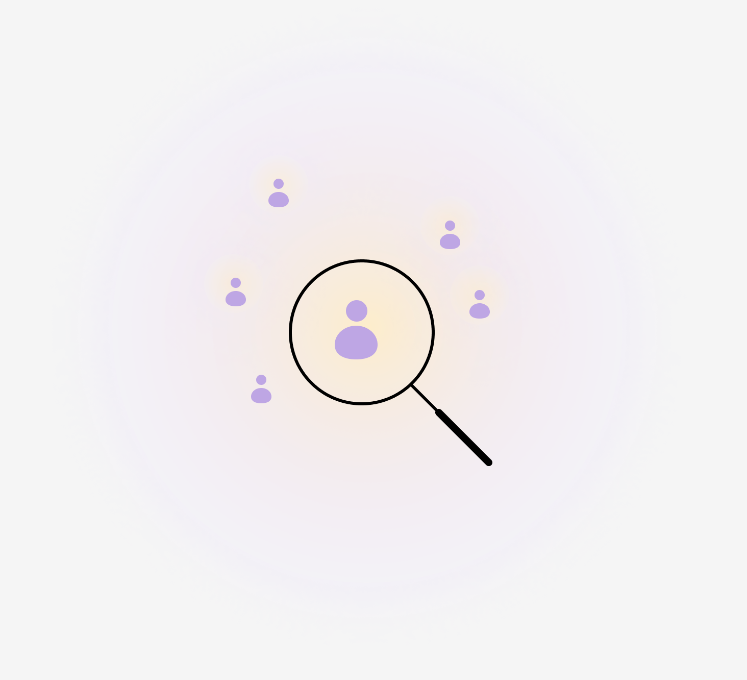 Illustration of a magnifying glass focusing on a purple user icon among several others on a light background.