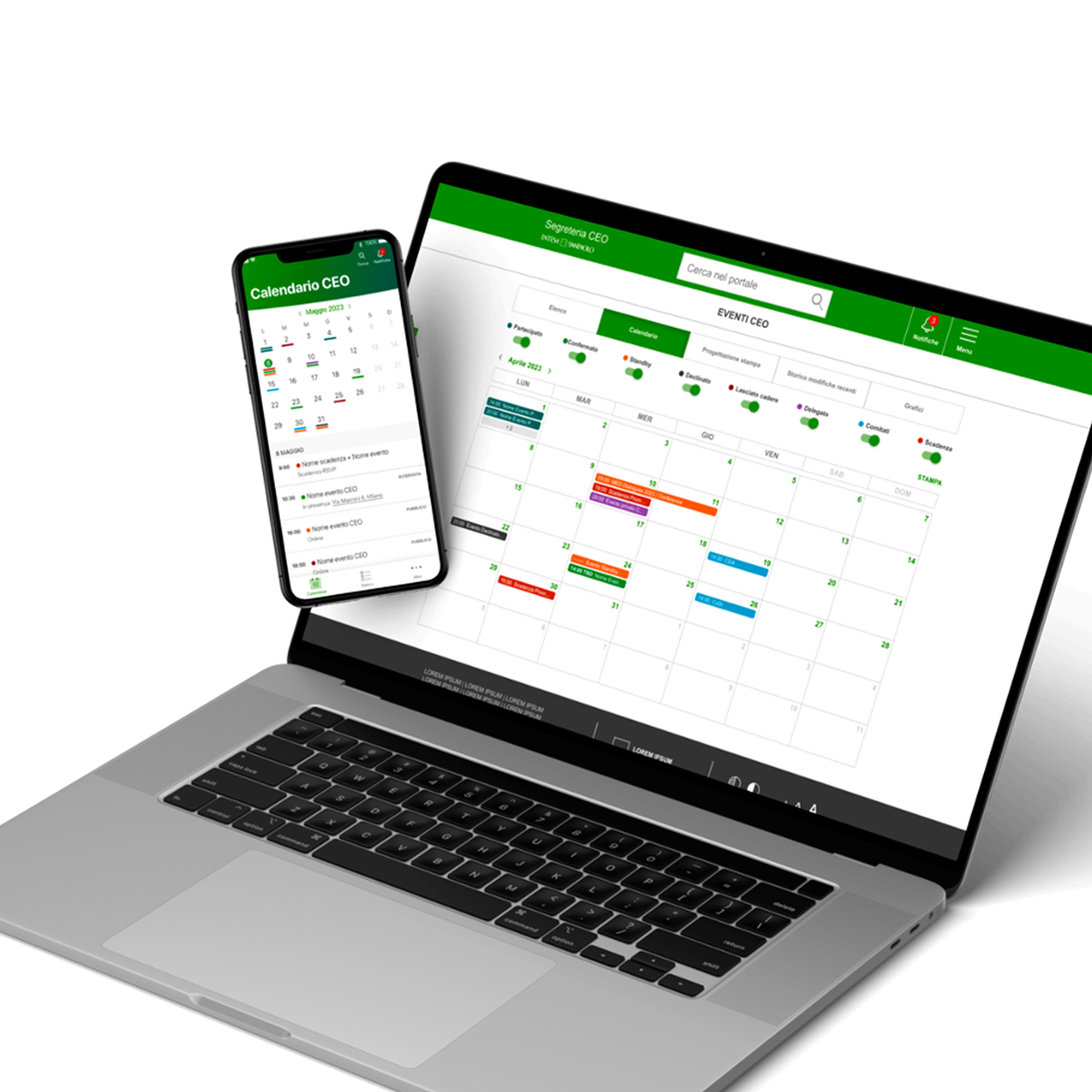 Laptop and smartphone displaying a calendar application with various events on screen.