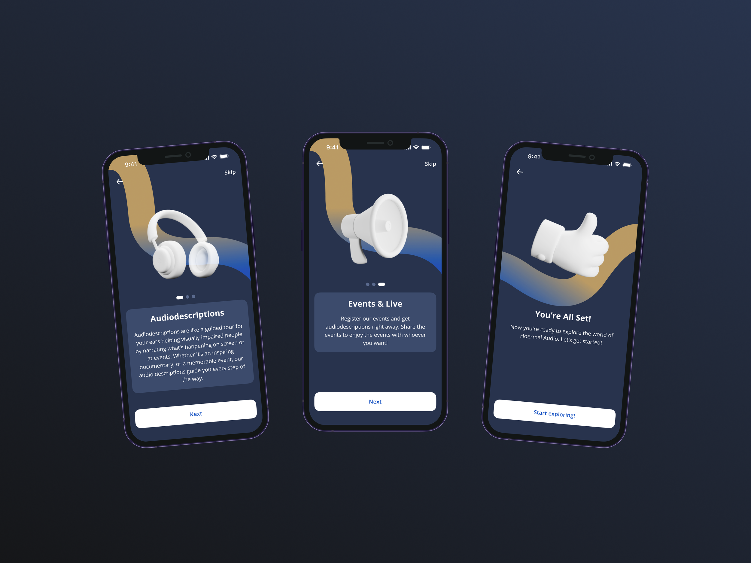 Three smartphones displaying an audio app interface with audiodescription, events, and setup confirmation screens, featuring icons of headphones, a megaphone, and a thumbs-up.