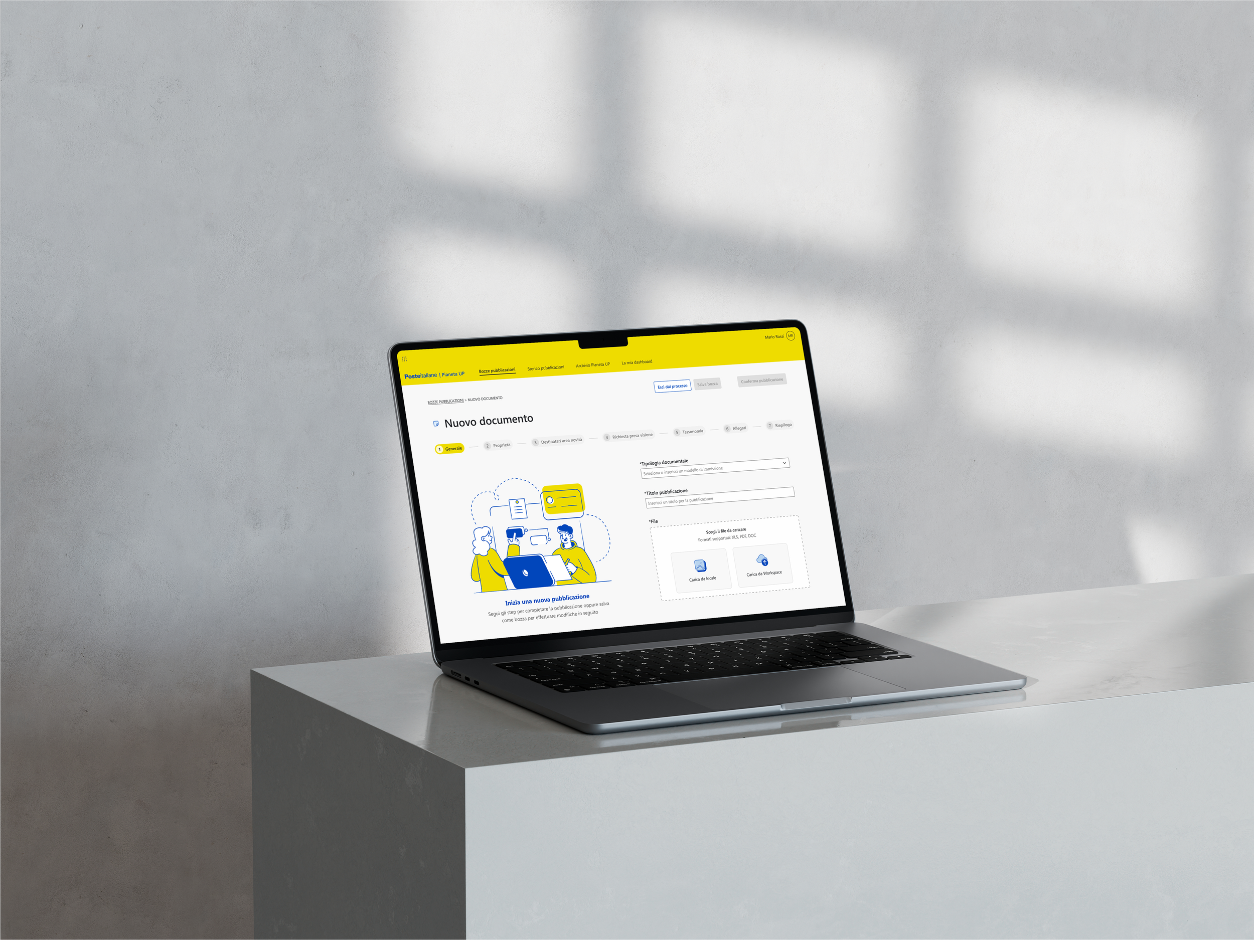 A laptop on a white table displaying a document editor interface with a yellow header and blue illustrations.