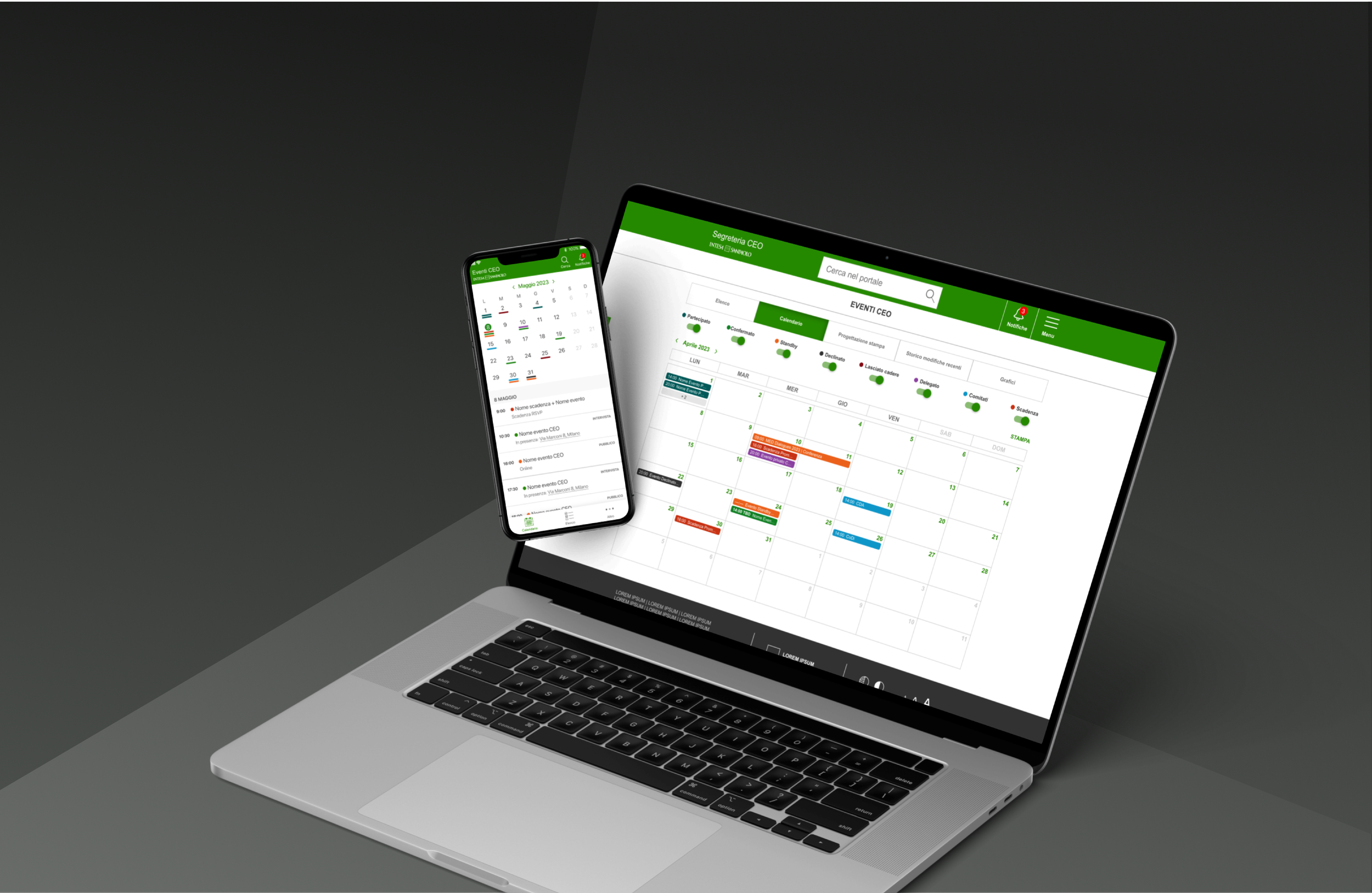 Laptop and smartphone displaying an online calendar with events