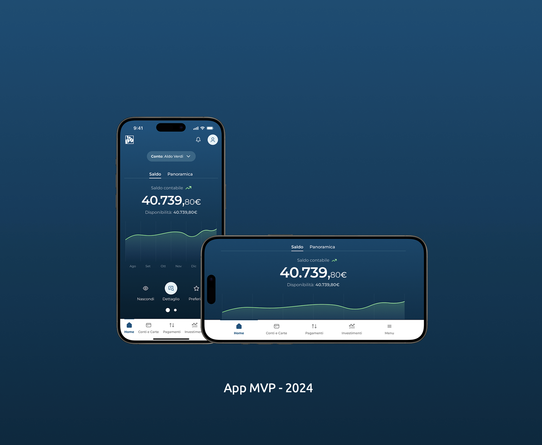 Digital mockup featuring two smartphones displaying a banking app interface with financial data, graphs, and navigation icons, labeled 'App MVP - 2024' against a blue gradient background.