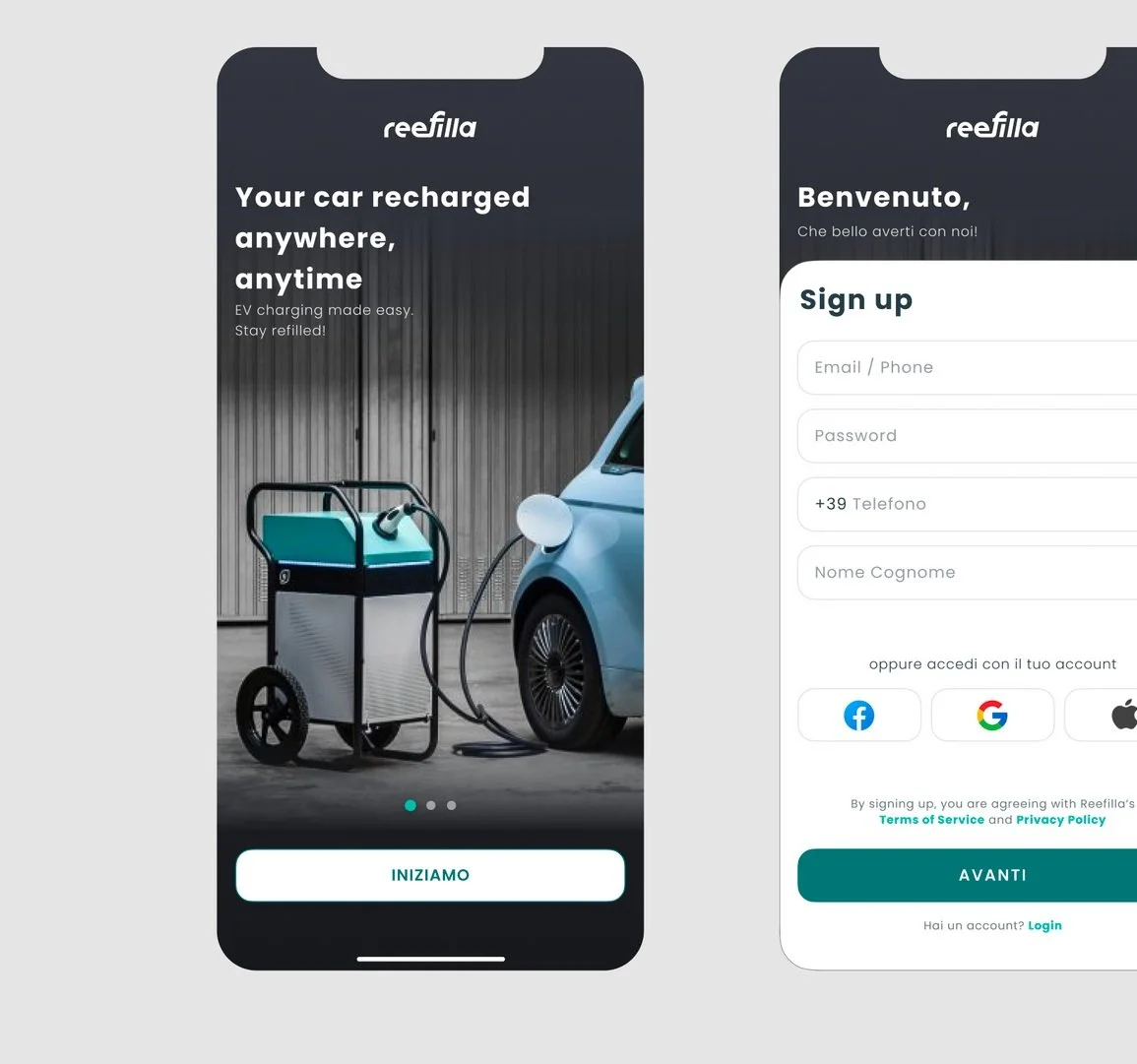 Mobile app interface for Refilla, featuring electric vehicle charging and sign-up screens.