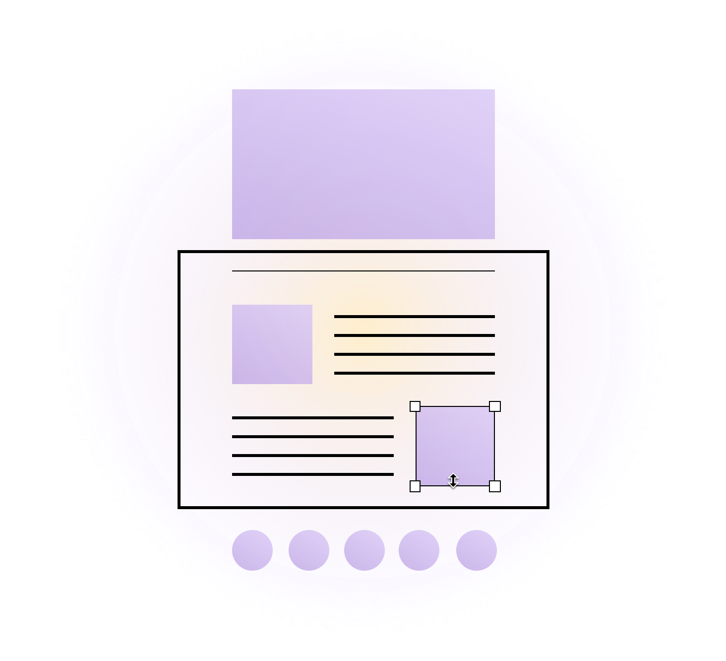 Illustration of a website layout with text blocks, image placeholders, and a navigation bar on a gradient background.