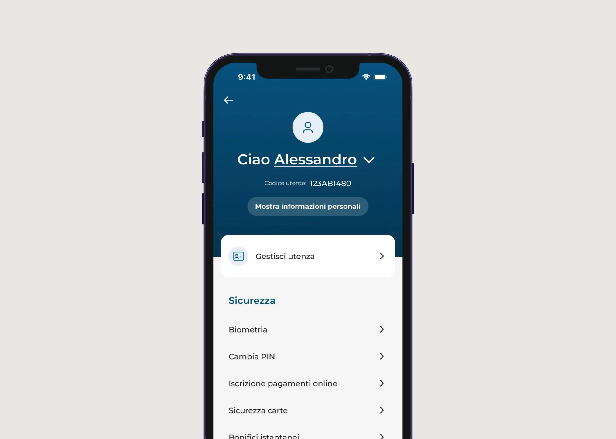Smartphone displaying a personal account management app in Italian. The screen shows user greeting, username, user code, and security settings options like biometrics, PIN change, and card security.