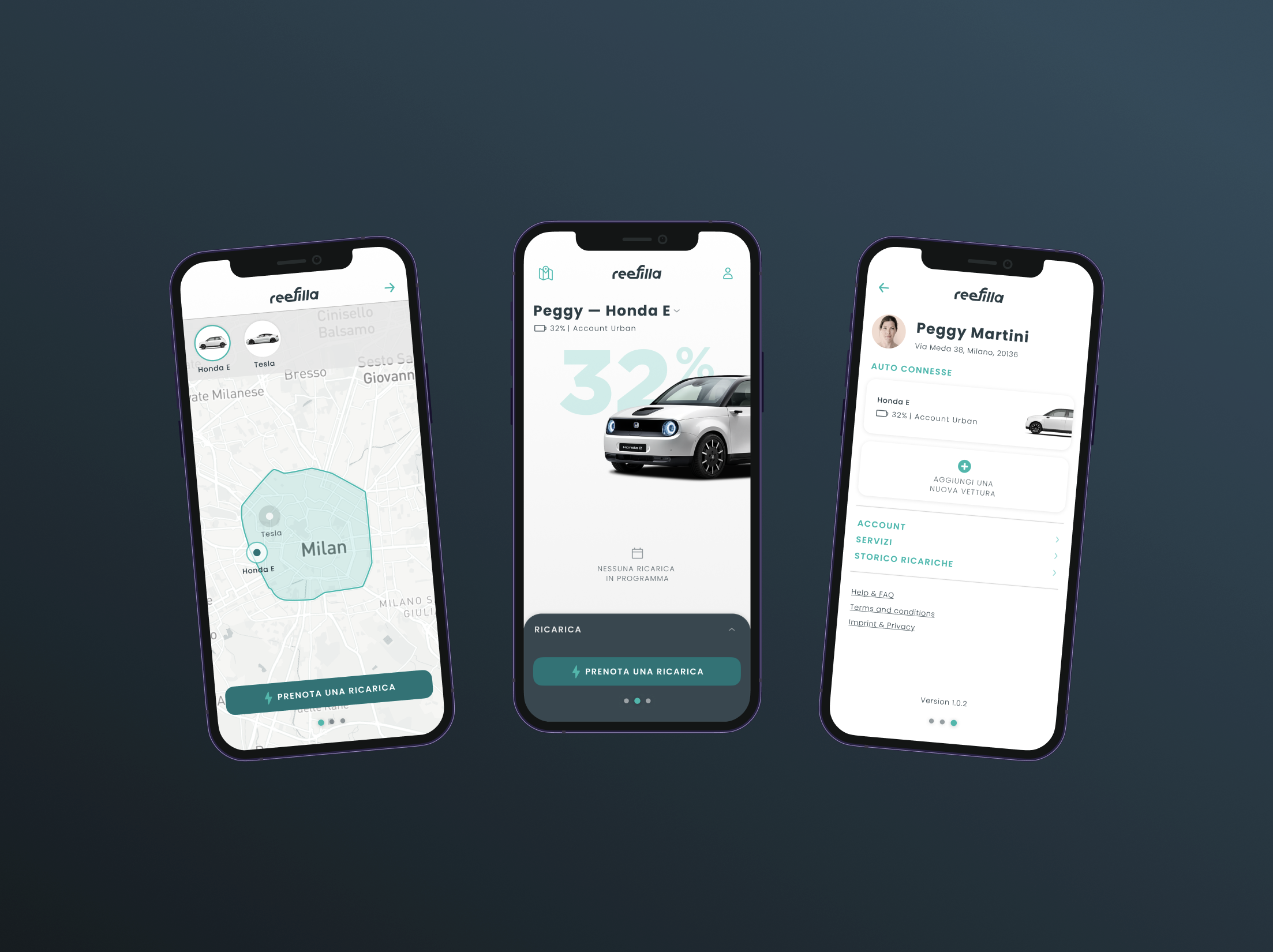Three smartphones displaying an electric vehicle charging app. The first screen shows a map of Milan, the second shows a car battery level at 32%, and the third displays account information with a user profile.