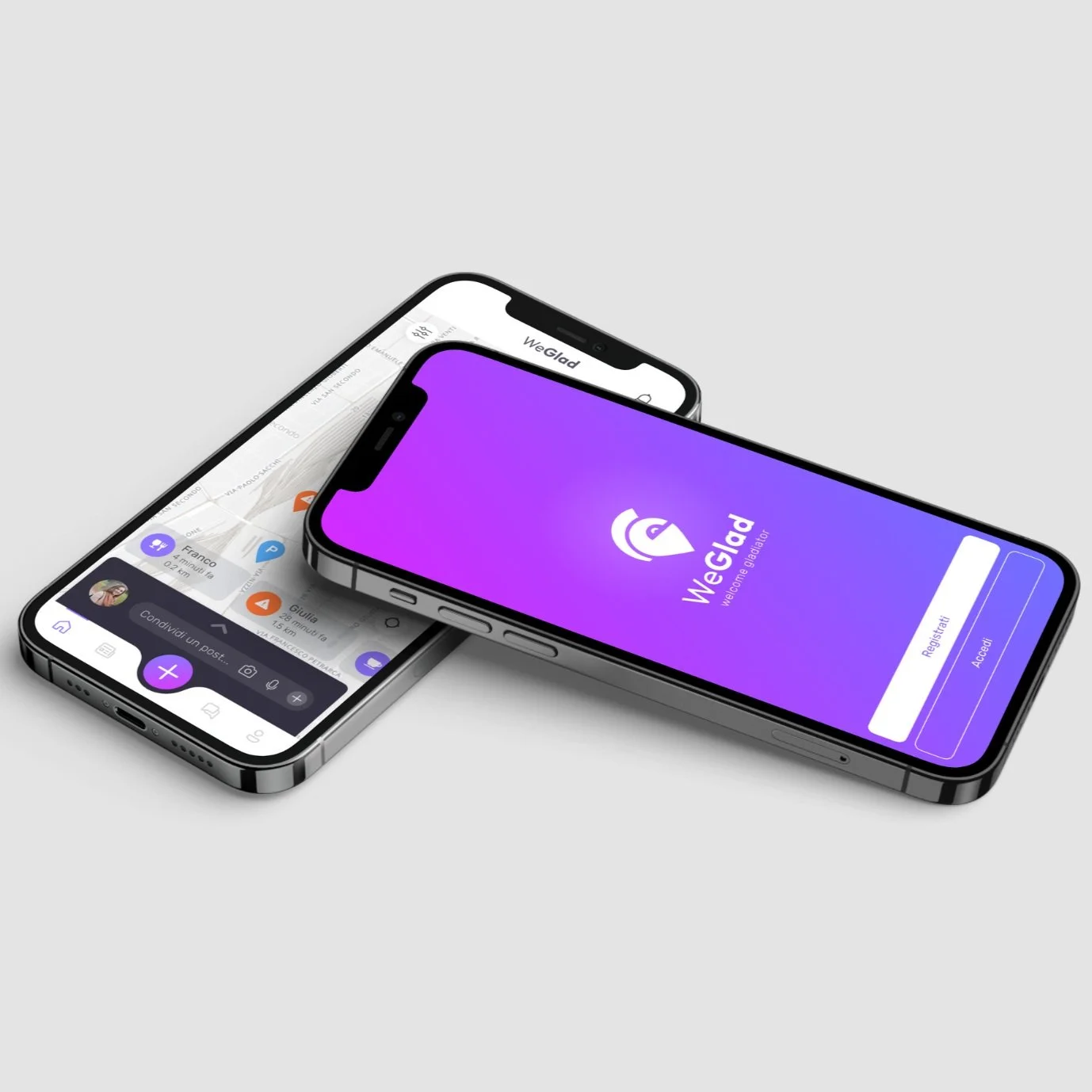 Two smartphones displaying the WeGlad app, with one showing a purple welcome screen and the other displaying a map interface.