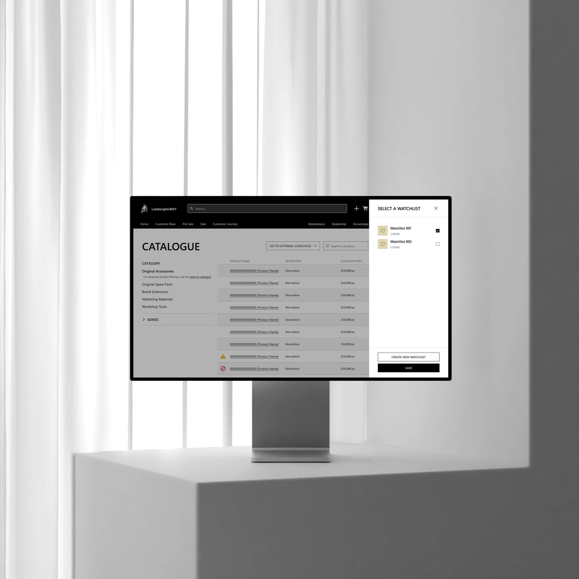 Computer monitor showing an online product catalog with a sidebar featuring watchlist options. The catalog includes product categories and descriptions, while the sidebar allows for selecting or creating watchlists.