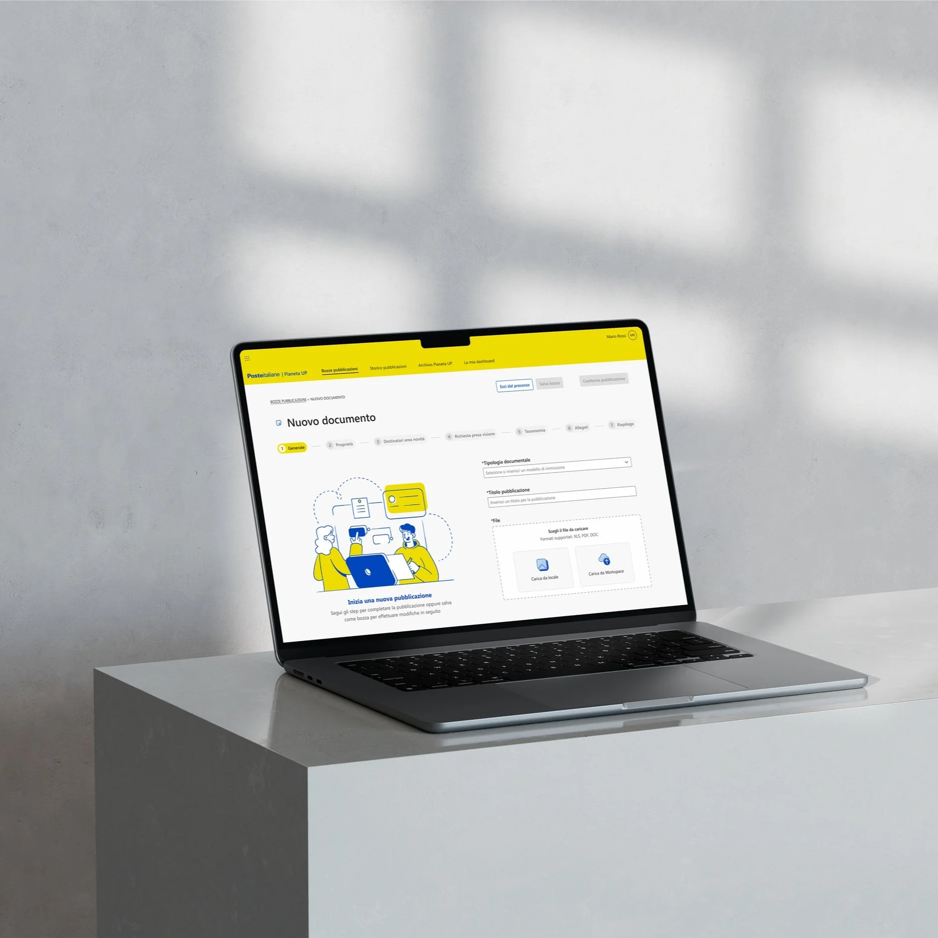 Open laptop displaying a document creation webpage in Italian with a yellow-dominated theme, placed on a white surface against a light background with shadows.