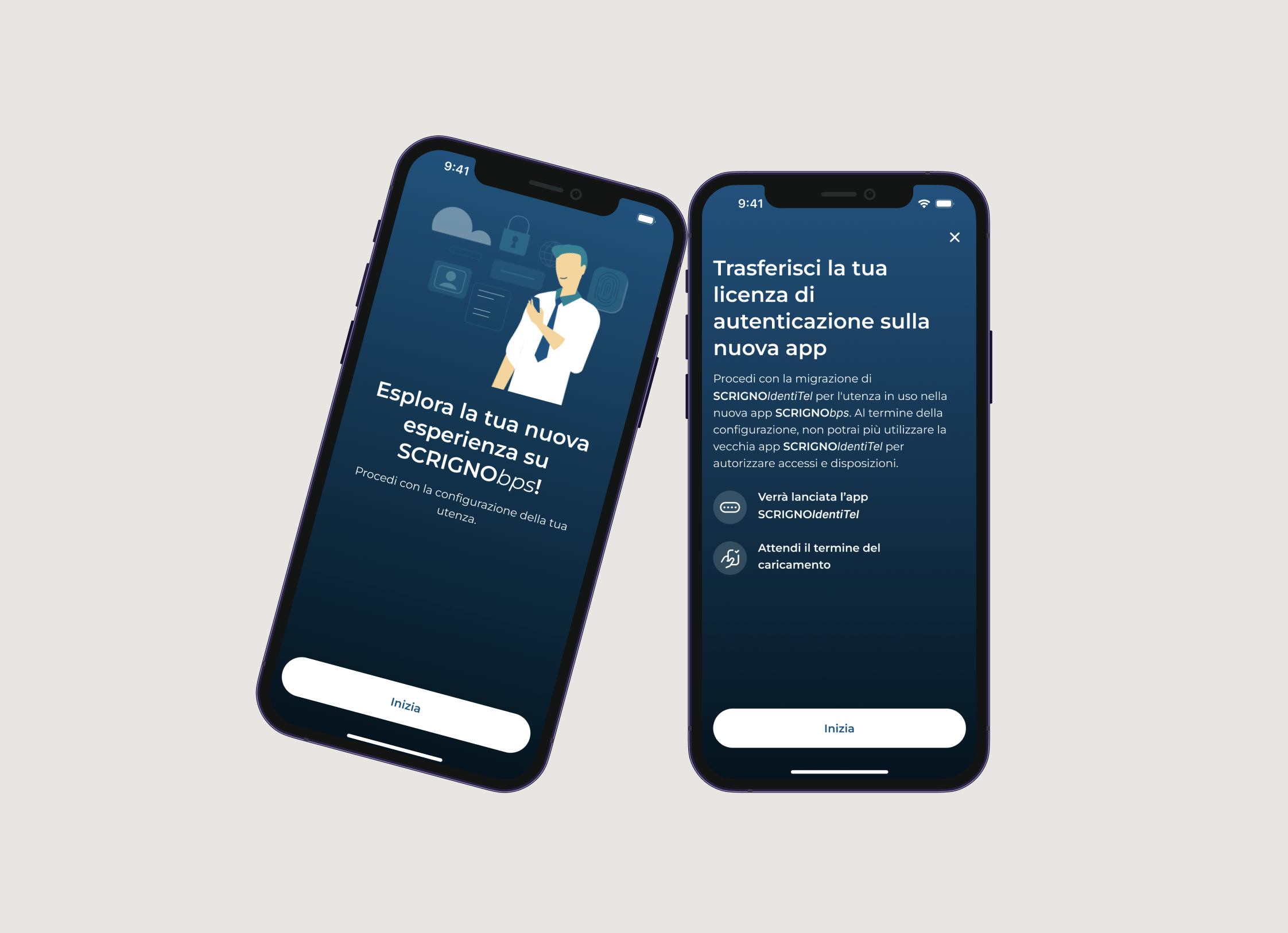 Two smartphones displaying an Italian app setup screen for SCRIGNObps, with instructions to transfer authentication license to a new app, SCRIGNOIdentiTel.