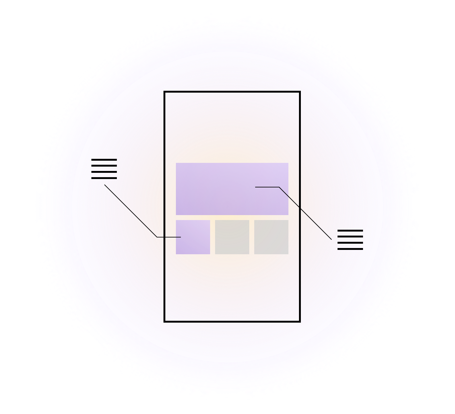 Abstract representation of a mobile app layout with purple and gray sections, lines indicating navigation or features, and lines resembling notes on each side.